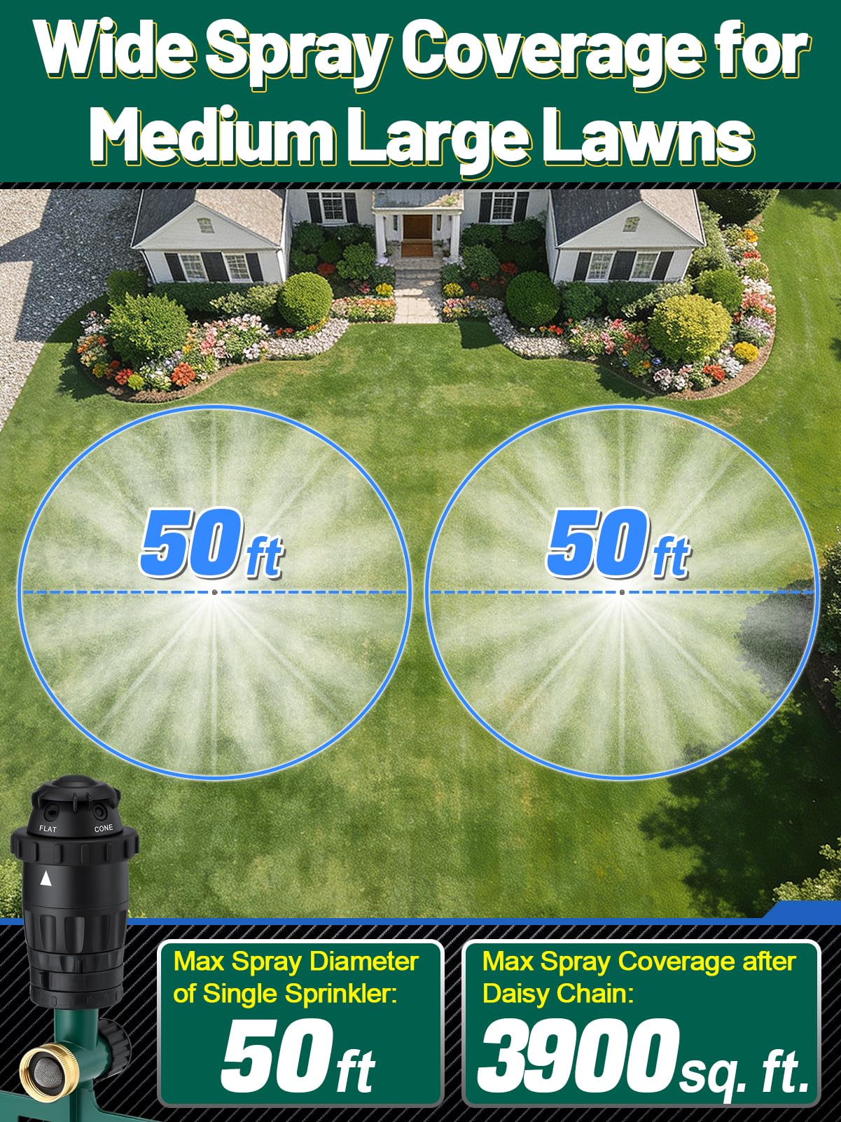 Irrigatori regolabili per cortile, robusti picchetti in lega di alluminio e 5 modalità di spruzzo, sistema di irrigazione efficiente per giardini di medie dimensioni e terreni irregolari, confezione