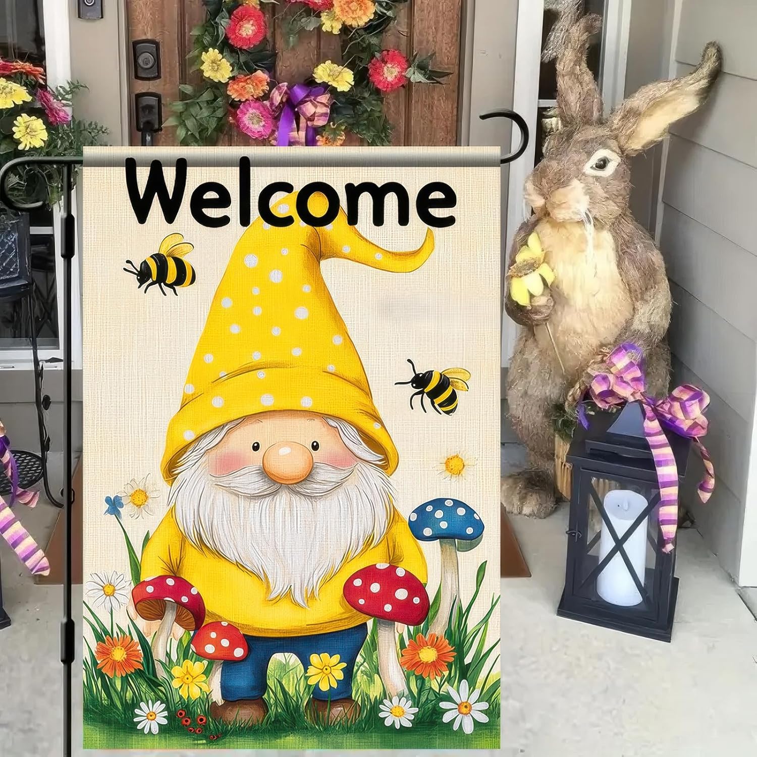 Spring Garden Flag 12x18 Inch Double Sided Spring Welcome Gnome Yard Flag Flower Butterfly Small Garden Flags Welcome Springs Outside Holiday Decorations Farmhouse Flags - Image 2