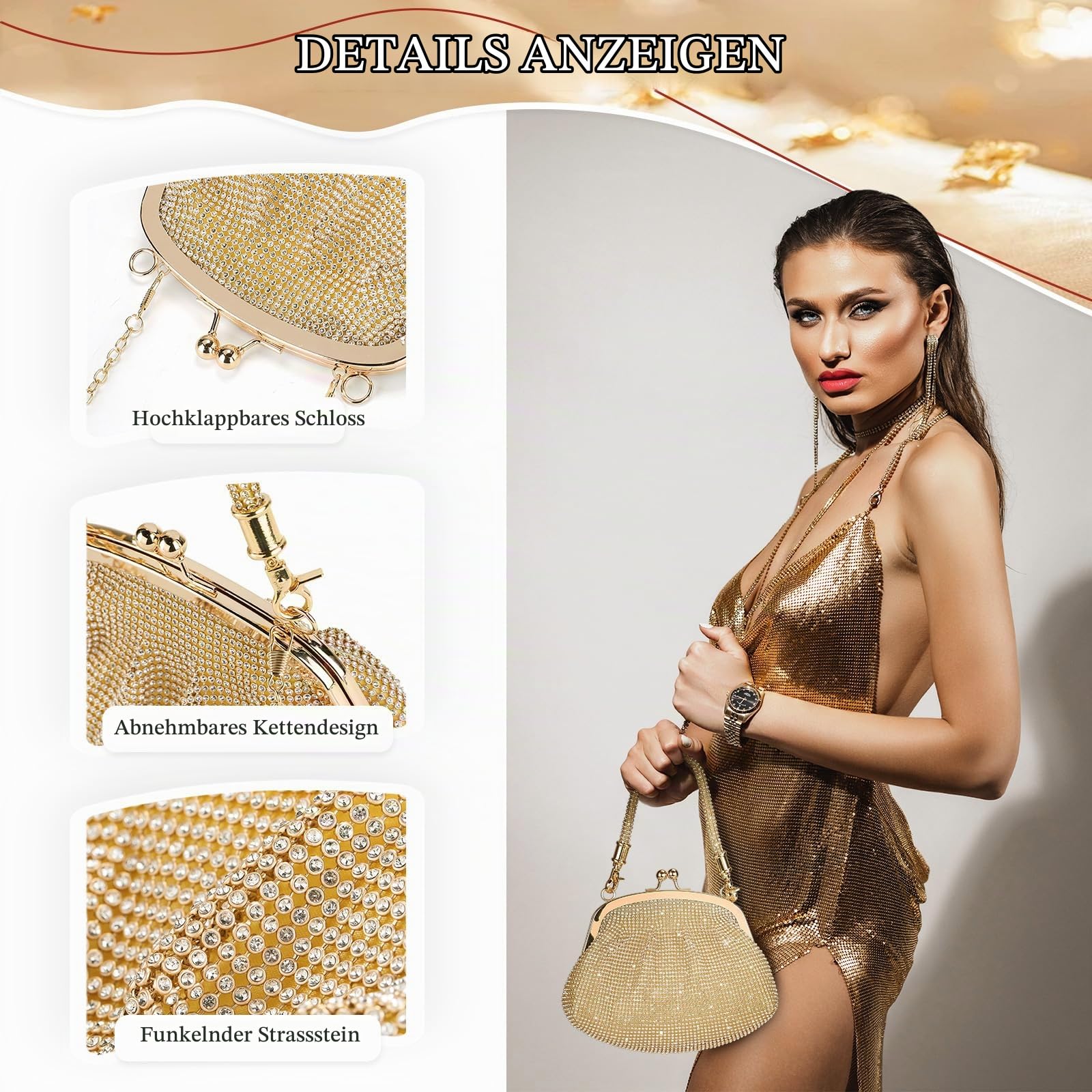 BAIGIO Vintage Clutches Damen Elegante Abendtasche Clutch Tasche Perlen Elegant Handtasche Retro Umhangetasche fur Party Hochzeit Gold