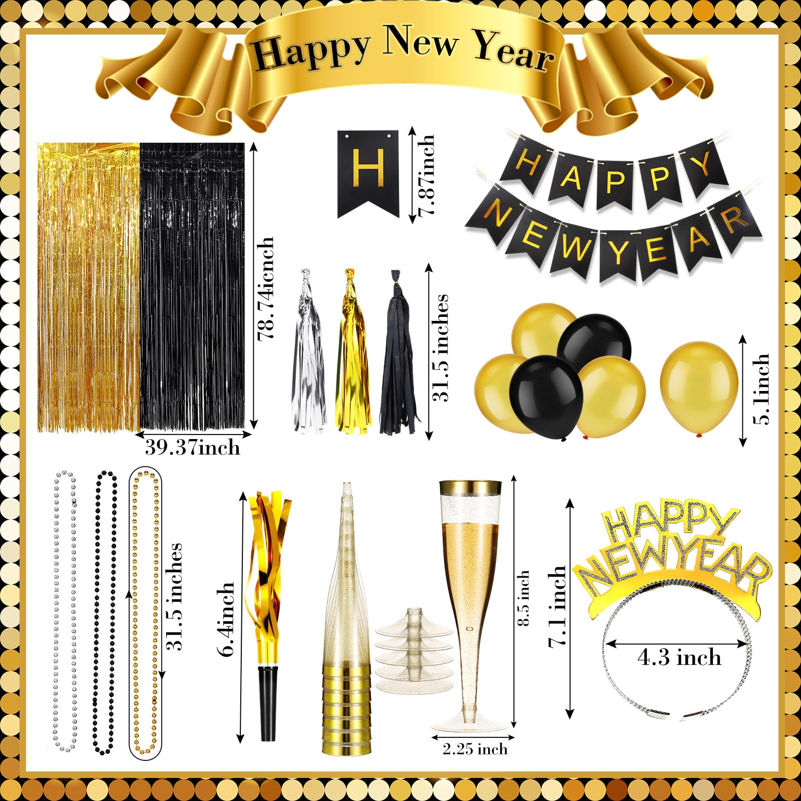 Silipull 36 Set Silvester Party Supplies 2024 Enthält Happy New Year Stirnband Fransen Noise Makers Einweg Champagnerflöten Halsketten Ballon Banner Regen Vorhang Quaste Girlande für Kinder Erwachsene