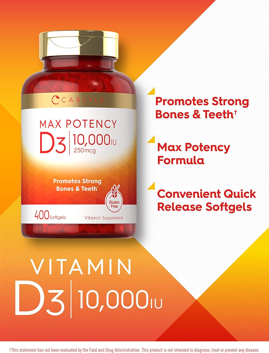 Vitamin D 10000 IU 400 Softgels | Value Size | Max Potency | Promotes Strong Bones and Teeth | Non-GMO, Gluten Free Supplement | by Carlyle : Health & Household