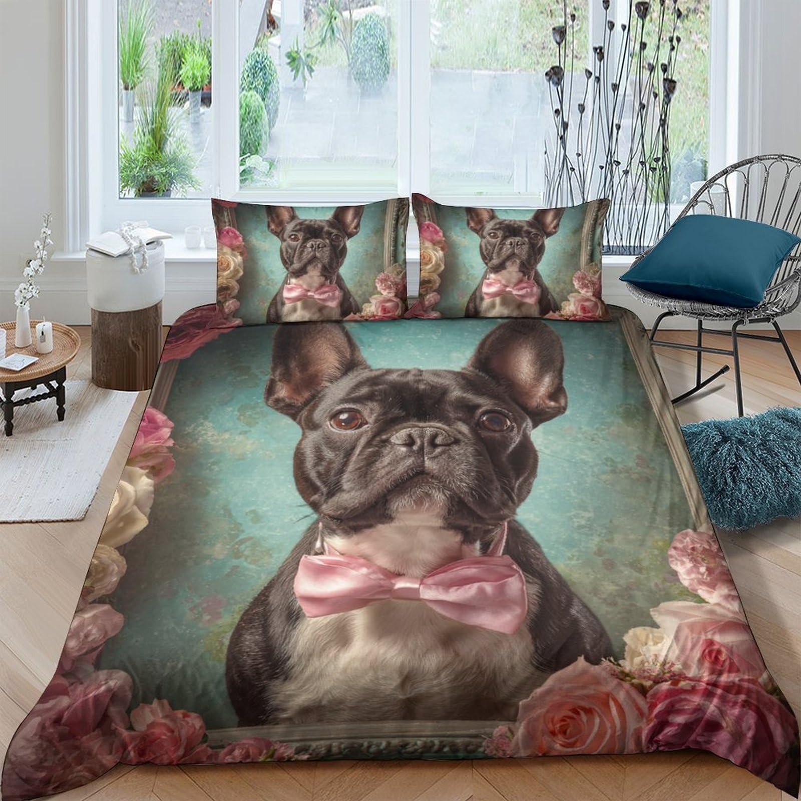 Ctjqhvkz Style-2 3D Printed French Bulldog Fitted Sheet Microfiber Floral Bowtie Bed Cover Anti-Slip Machine Washable For Adults Teens Bedroom Dorm Decor Single（135X200cm）