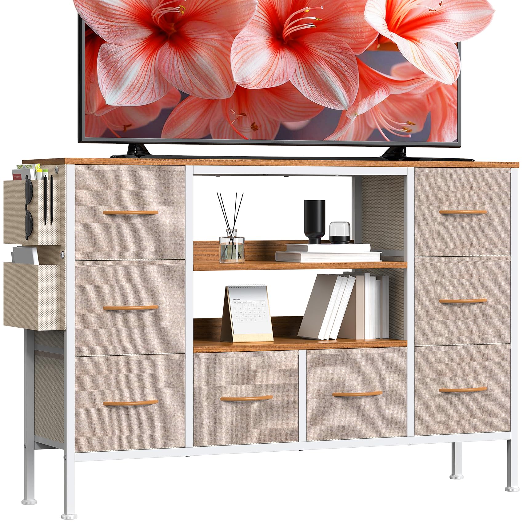 GoaHi 8-Drawer Fabric Chest, TV Stand with 50kg Weight Capacity, 2 Open Shelves & Side Pockets, Bedroom Storage Unit with Adjustable Feet & Anti-Tip, for Living Room, Hallway, Khaki — image 1