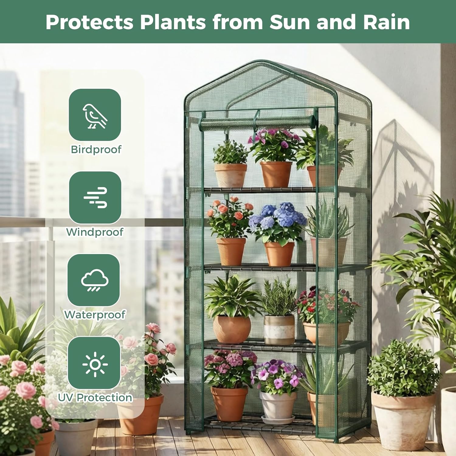 Mini greenhouse protecting plants from sun and rain, with icons for birdproof, windproof, waterproof, and UV protection