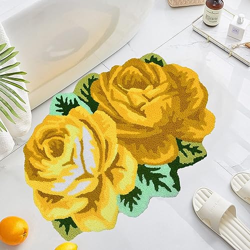 UKELER Lindas alfombras de baño con rosas amarillas, antideslizantes, absorbentes, peludas, suaves, con flores, para decoración de cocina, 27.5 x