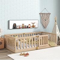 Vista 11 de Tatub Cama Montessori de suelo individual con rieles altos, marco de cama Montessori de madera maciza para niños, la puerta se puede instalar a Gris