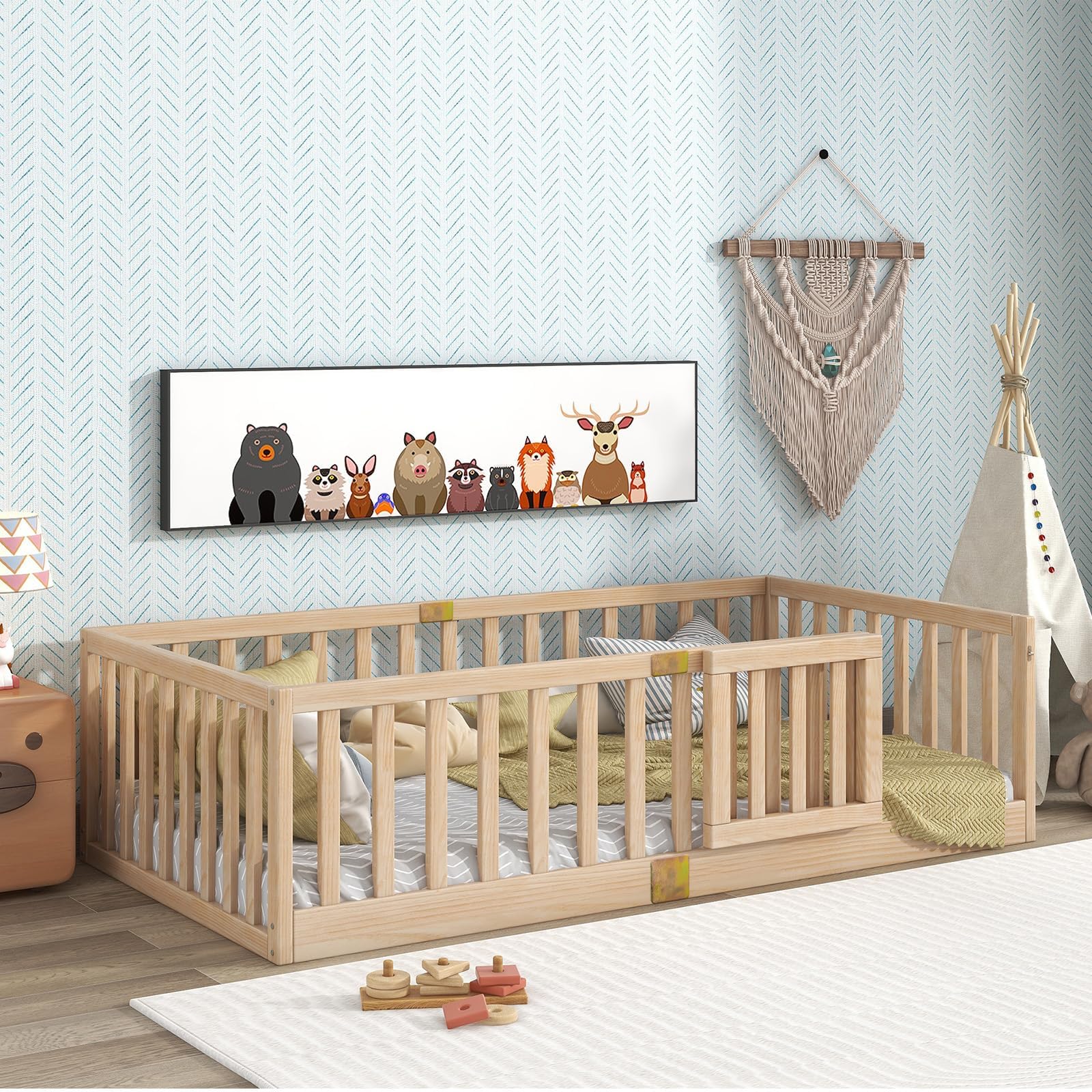 TatubMontessori Double Bed with Safety Guardrail, Left or Right Door, Wooden Frame - Nature