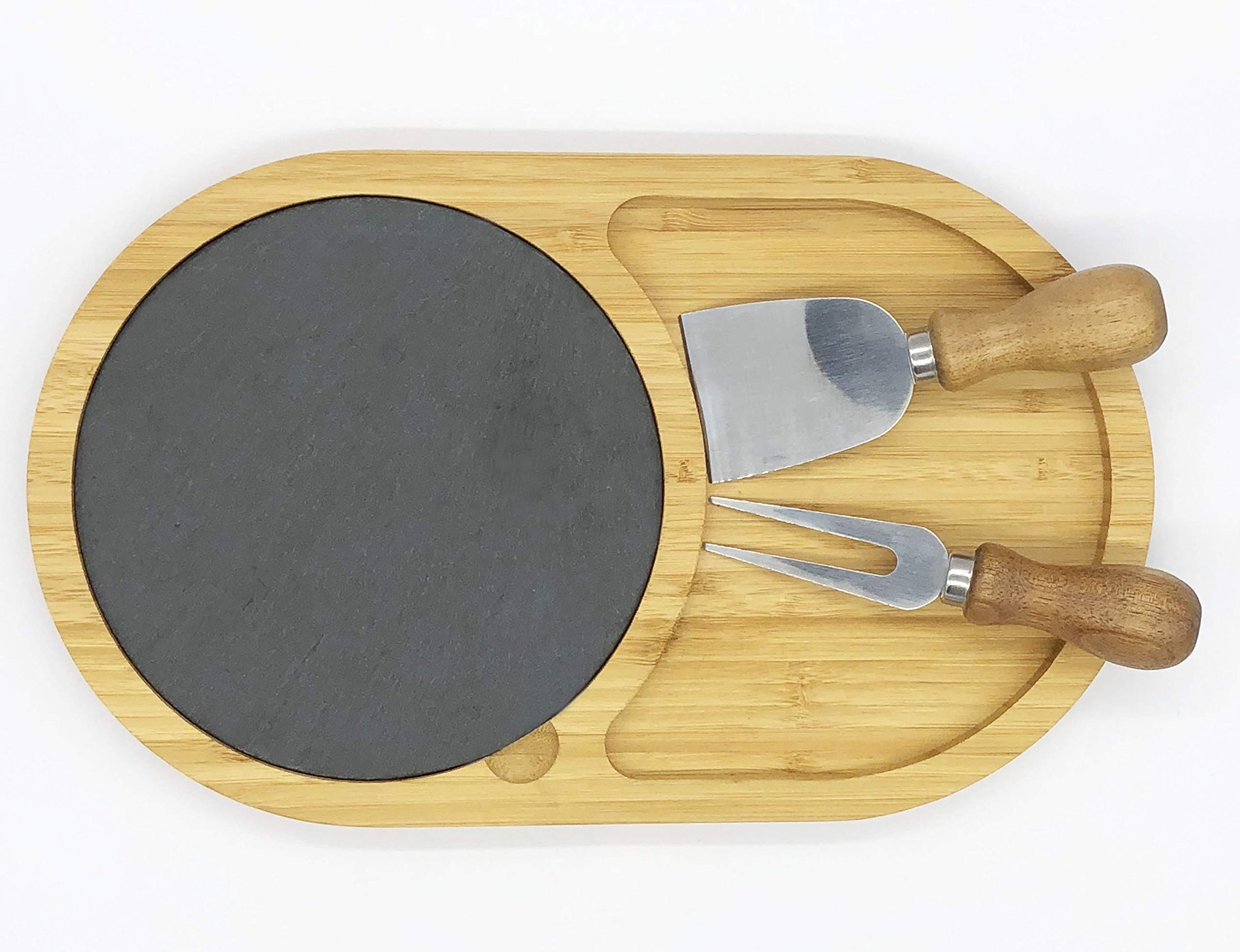 Bamboo cheese board with slate cutting board, Each set together with 1pc cheese knife and 1pc cheese fork