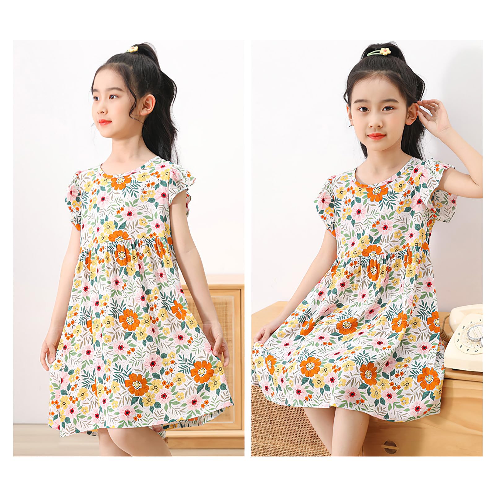 amropi Lot de 3 Robe Fille Fleurs Imprimée Coton Manches Volantes Casual Été Robe pour 1-12 Ans