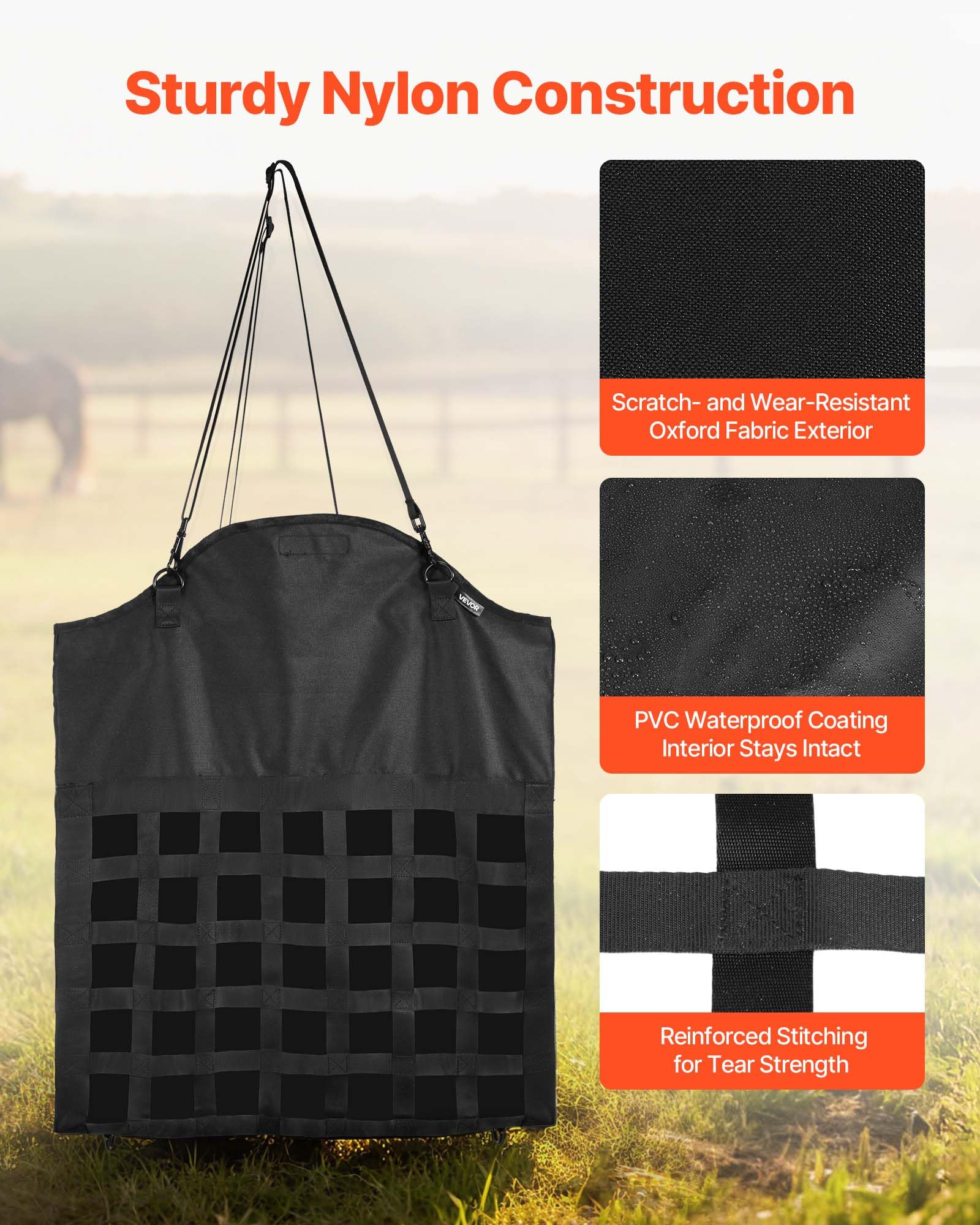 VEVOR Bolsa de Heno para Caballos, 55 x 18,5 x 64 cm, Agujeros 46 x 46 mm, Fabricada en Nailon, con Revestimiento Impermeable de PVC, Correas de Suspensión Ajustables y Ganchos Metálicos, Negro
