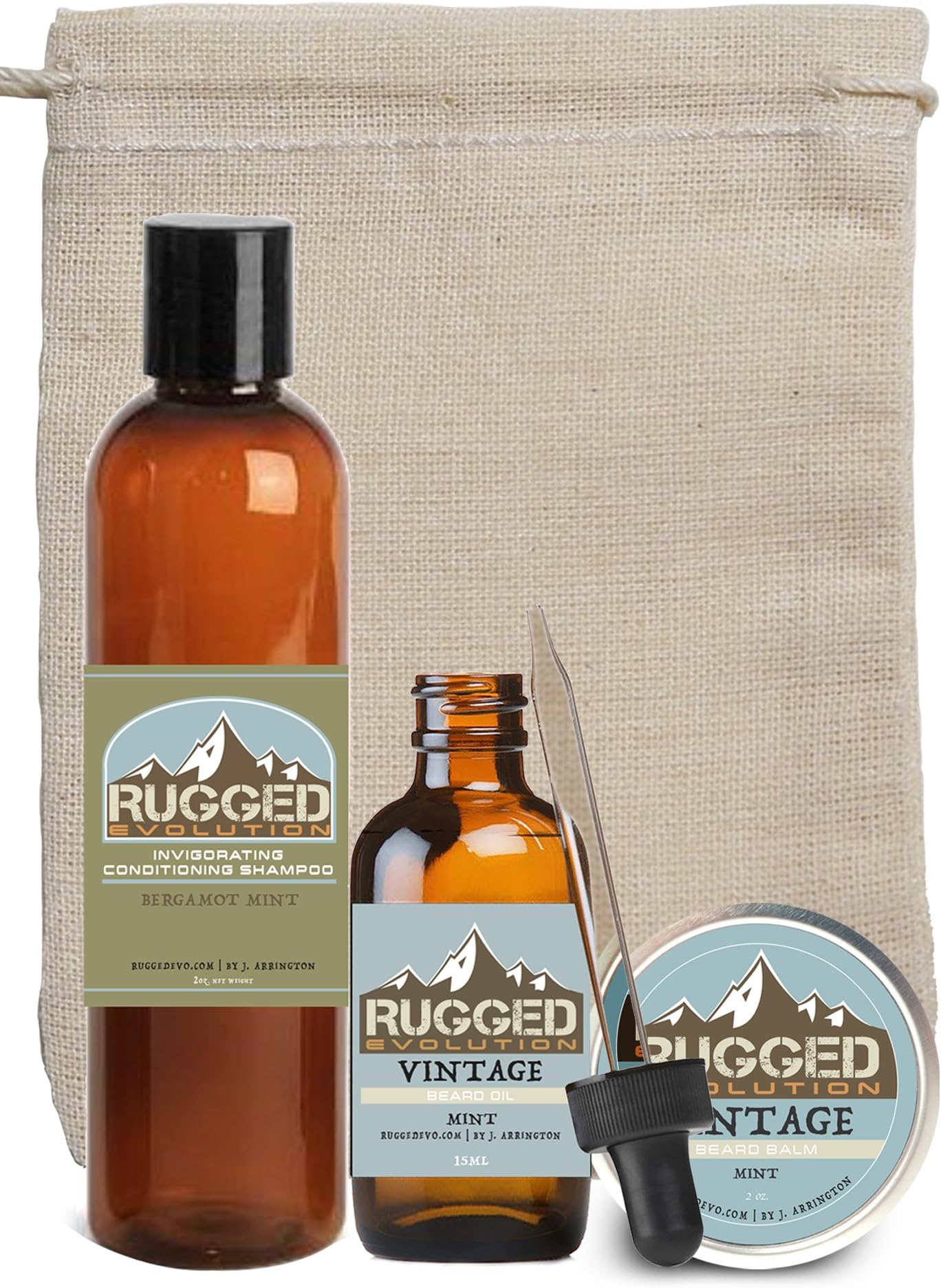 Rugged Evolution [Vintage (Mint Scented) - Strong Strength] Premium Beard Care Sample Set - Beard Shampoo, Balm & Oil - Facial Hair Care Set For Gentlemen - Great Gift Idea (3 Piece Set)
