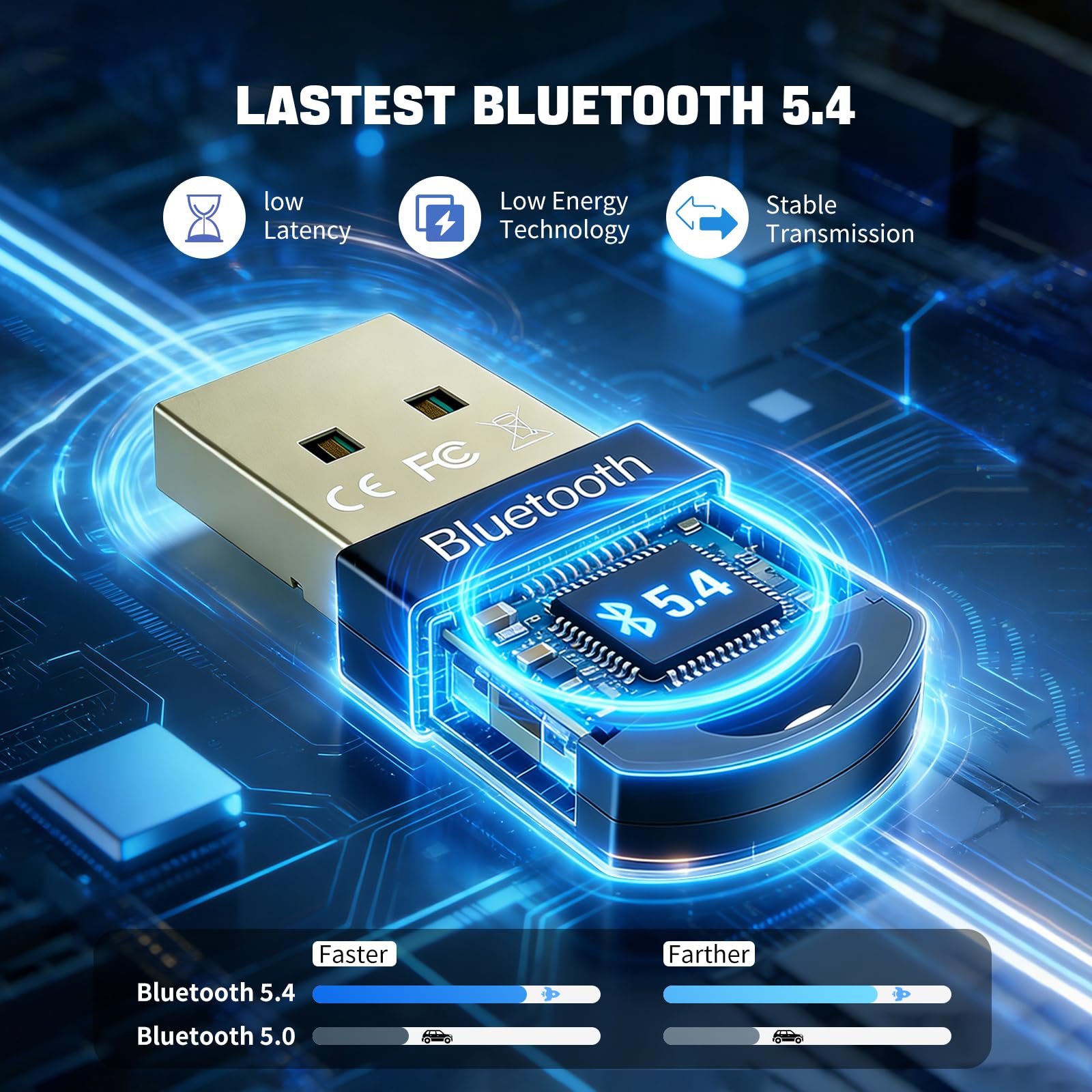 USB Bluetooth 5.4 Adapter, 1Pack Bluetooth Dongle Adapter for PC, Wireless Blootooth Receiver Stick for Desktop, Laptop, Headphone, Keyboard, Mouse, Controller, Support Windows 8.1/10/11,Plug and Play — view 2