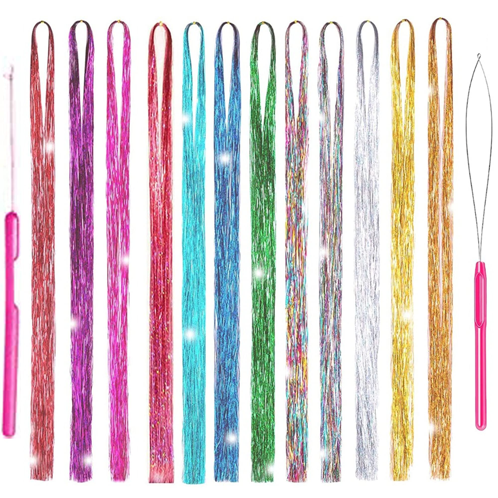Kataleya Fairy Hair Tinsel Extensions Kit (47-Inches) – Heat Resistant Glitter Hair Tinsel Extensions kit for Woman and Girls (12 Colors-2600+ Strands)