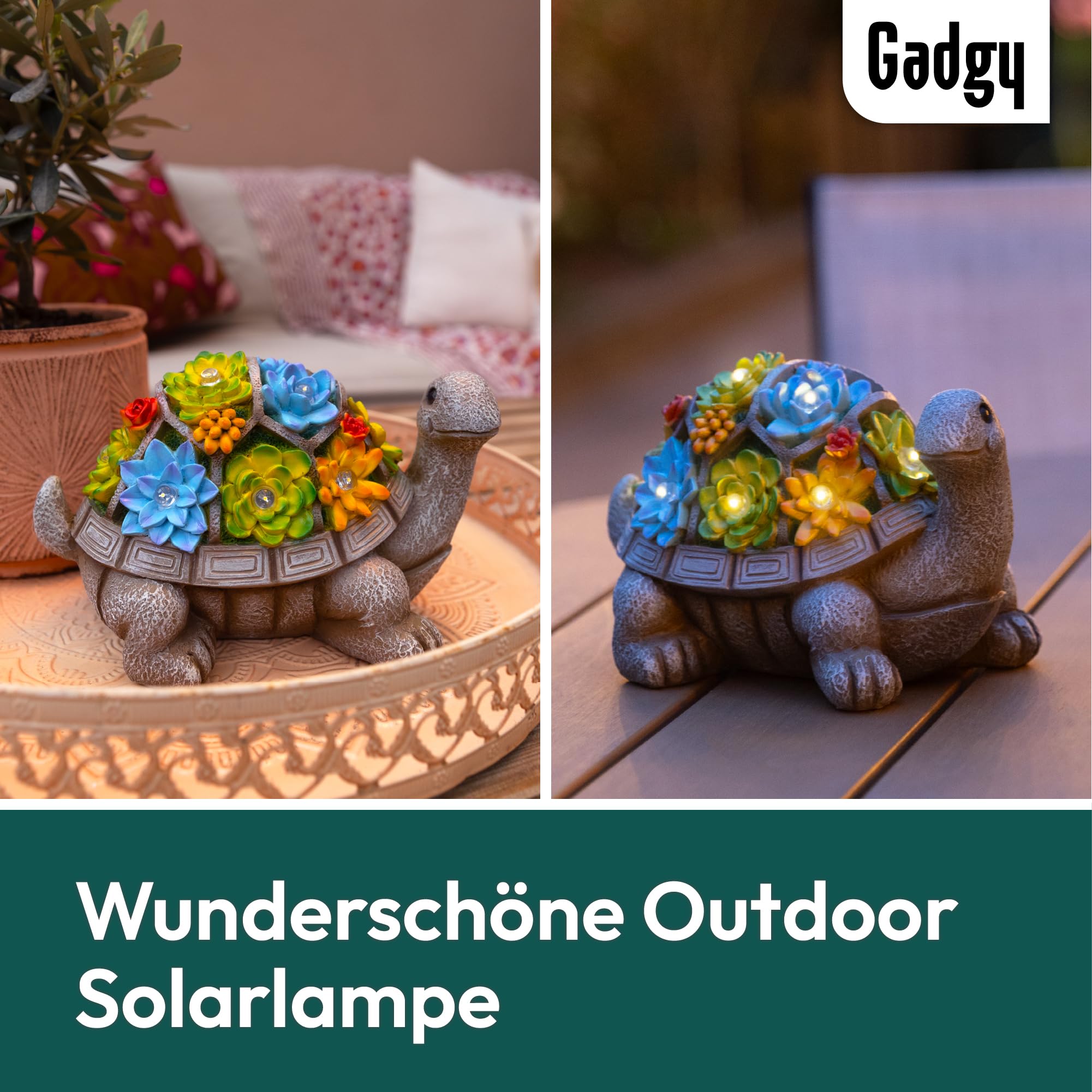 Gadgy Solar Gartenfiguren Schildkröte - Solarlampen für außen - Solarleuchte Figuren Deko mit Sukkulenten - Gartendeko für draußen - Balkon Deko Tierfigur - Gartenfigur Ornament Solarlaterne