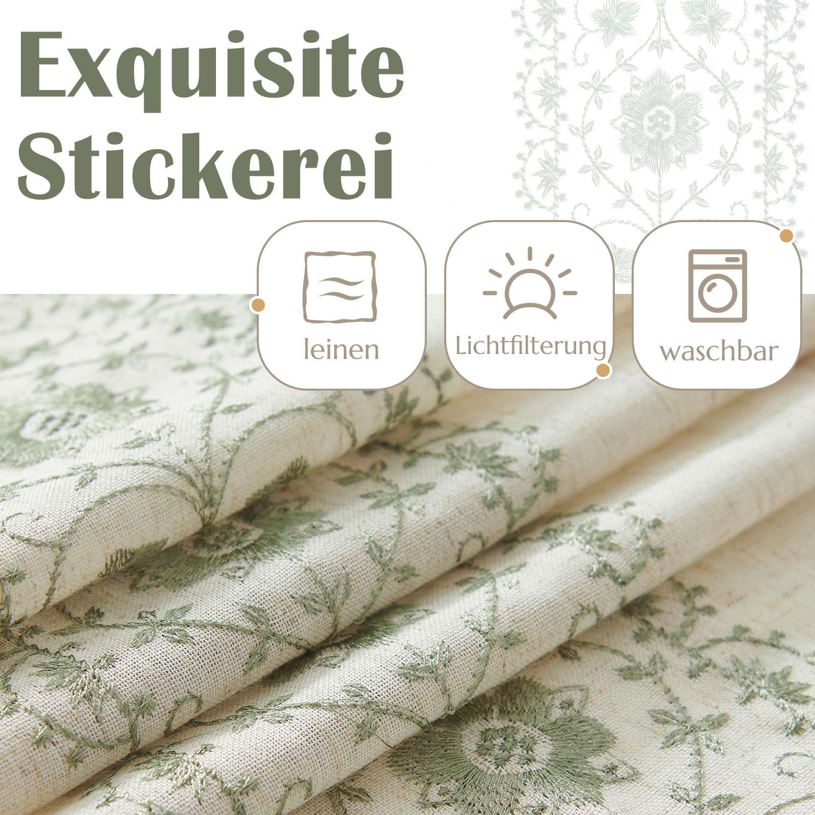 Vangao Gardinen Kurz Blumen Stickerei 2er Set 140B x 145Hcm Boho Grün Beige | Vintage Landhausstil Vorhänge Kurz Küche, Wohnzimmer Kinderzimmer Schlafzimmer, mit Verdeckten Schlaufen Beige und Grün