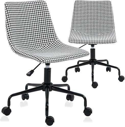 Miniatura 10 de Silla de escritorio de oficina sin brazos en vinilo con estampado de hojas de plátano (blanco) – Silla ergonómica de respaldo medio con ruedas, sin