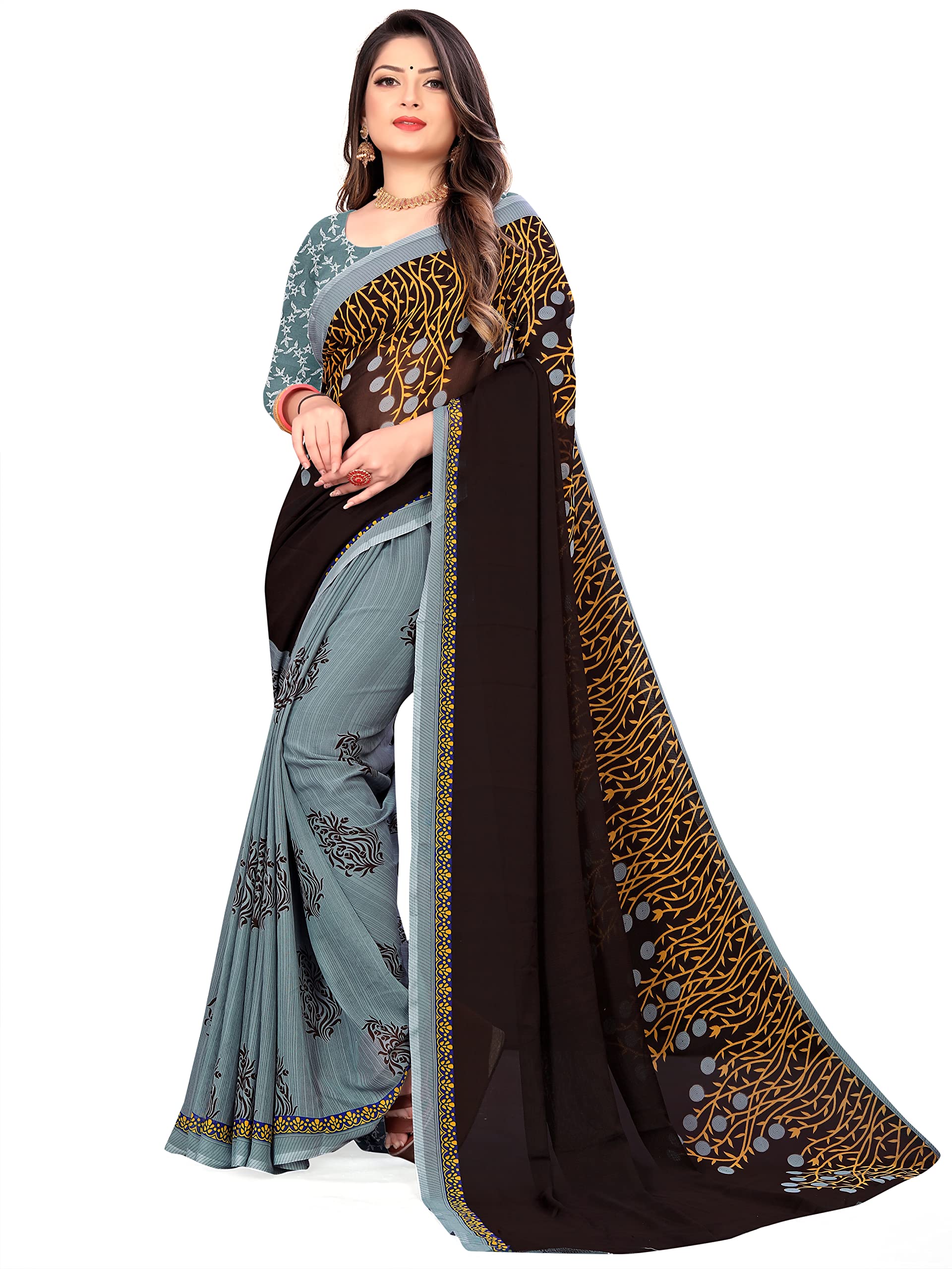 Printed Georgette Saree (Brown)-image-42