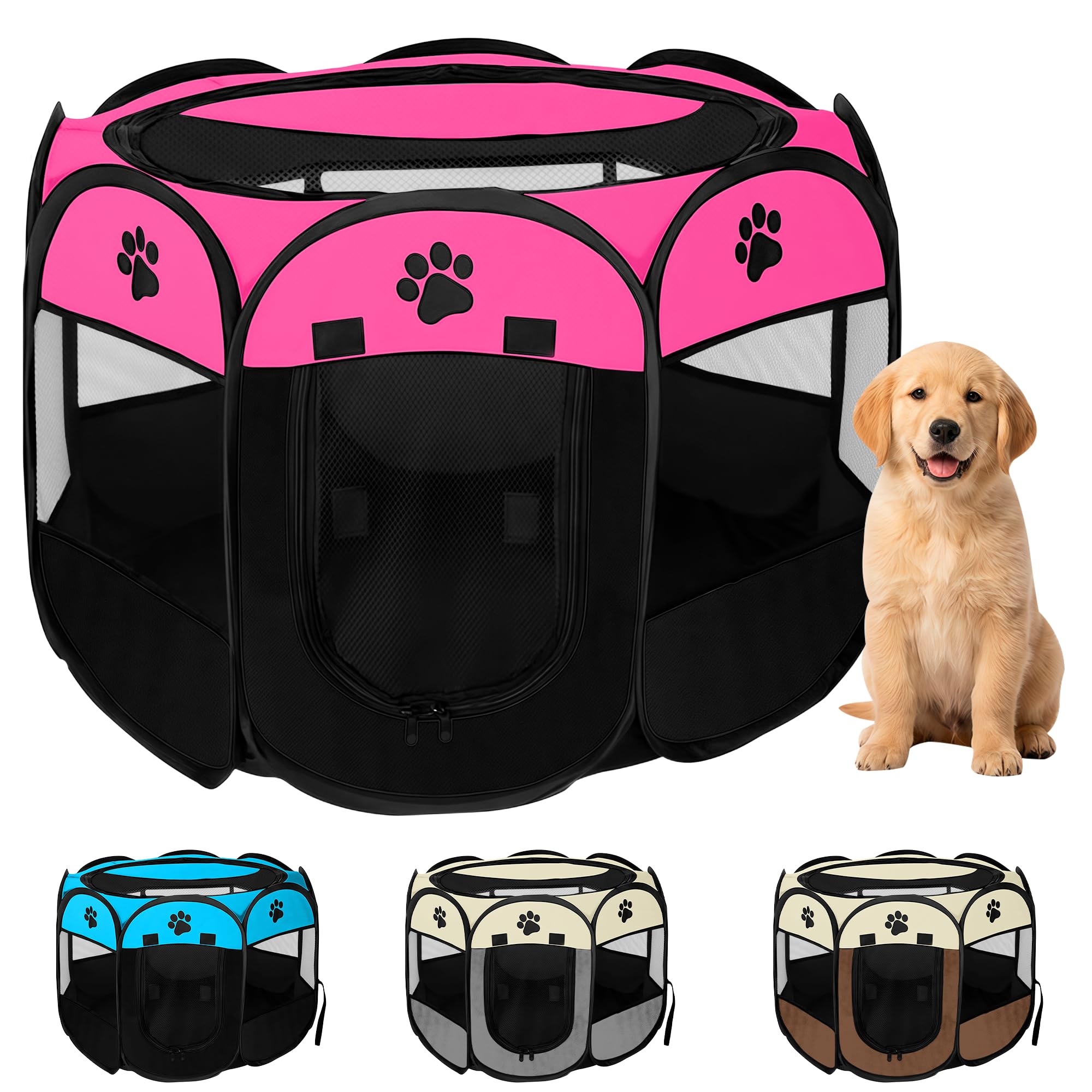 JUPPLIES Folding Dog Playpen 73 x 73 x 43 cm – Portable Waterproof Oxford Fabric Playpen for Small Pets – Ideal for Travel, Games or Rest at Home and Outdoor – Pink