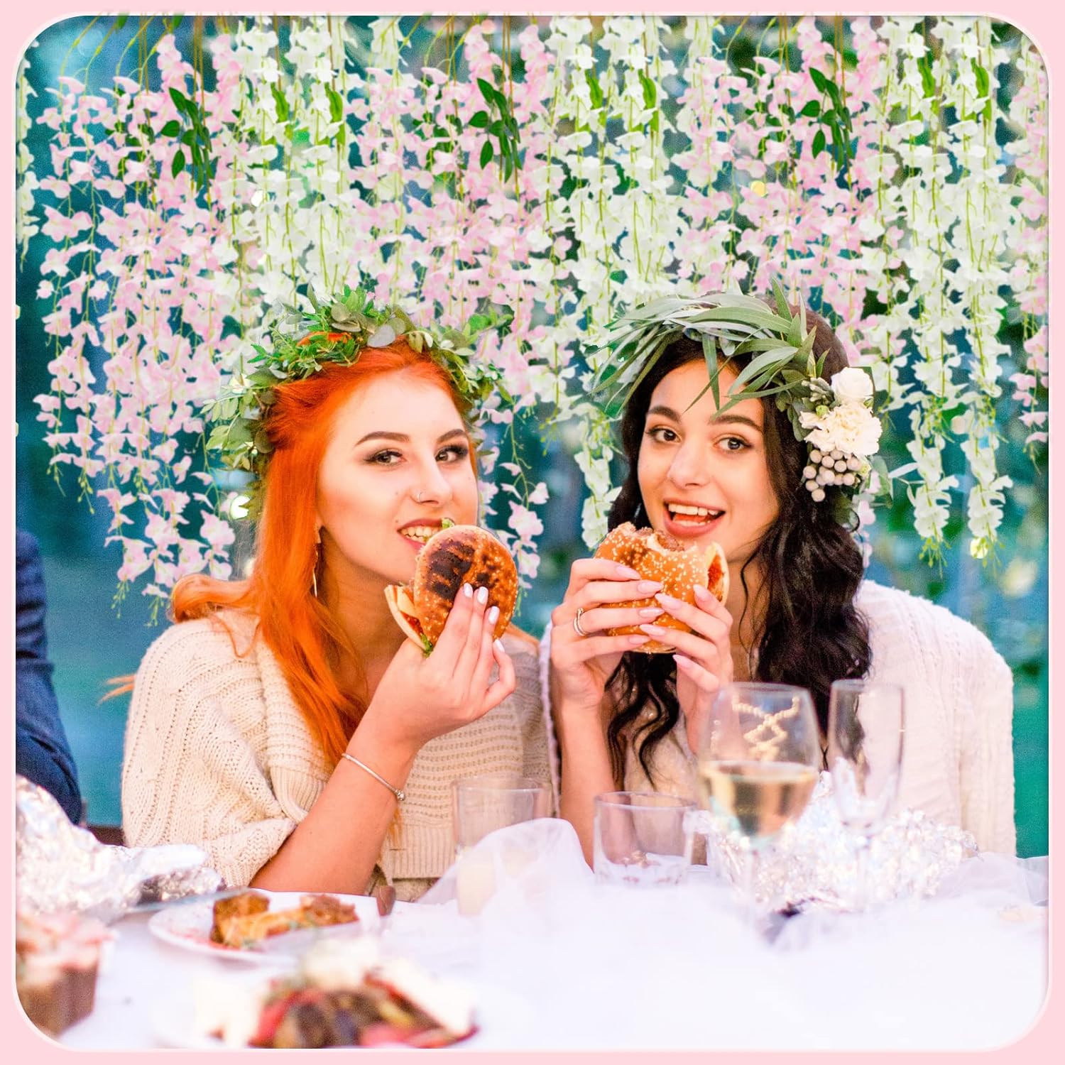 Giegxin 24 Pcs Artificial Wisteria Hanging Flowers 3.6 ft Artificial Fake Wisteria Vine Rattan Hanging Garland Silk Flowers String for Wall Home Wedding Party Greenery Decorations (Pink,White)