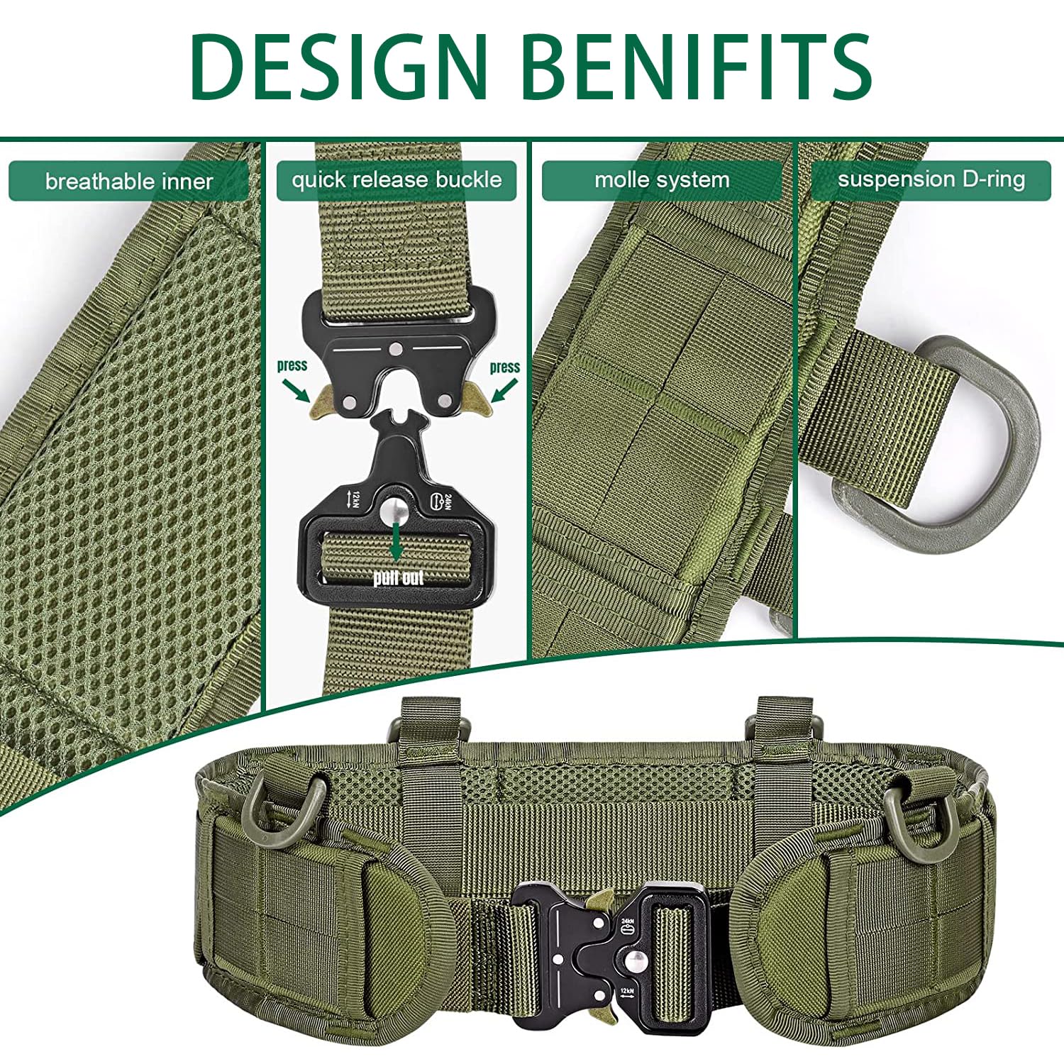 Molle Battle Belt Set Tactical Military Airsoft Belt Hebilla ajustable de liberación rápida con bolsillo molle y gancho