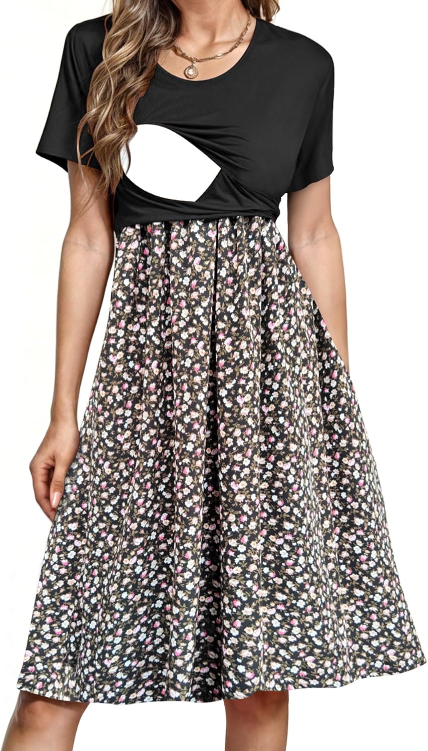 Nursing dress for summer with short sleeves and pockets.