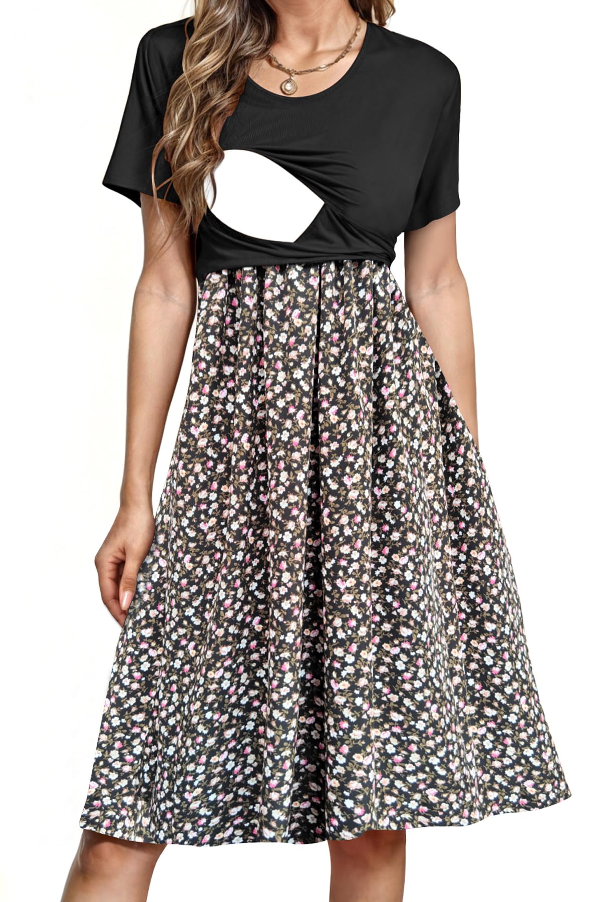 Vestido de lactancia para mujer, manga corta, patchwork, ropa de embarazo con bolsillos
