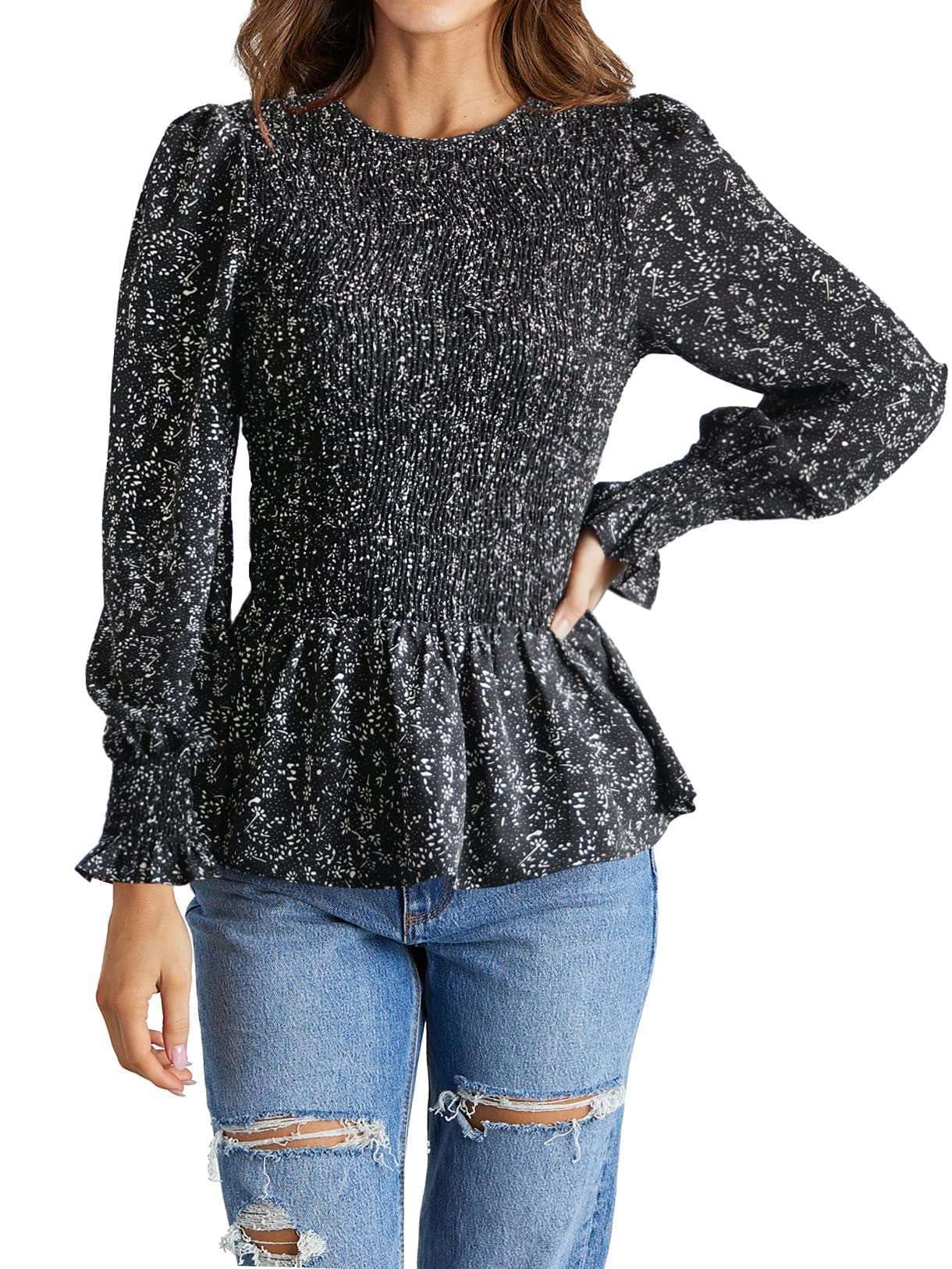 SumtoryWomen Long Sleeve Peplum Tunic Shirts Floral/Solid V Neck Babydoll Flowy Blouse Tops