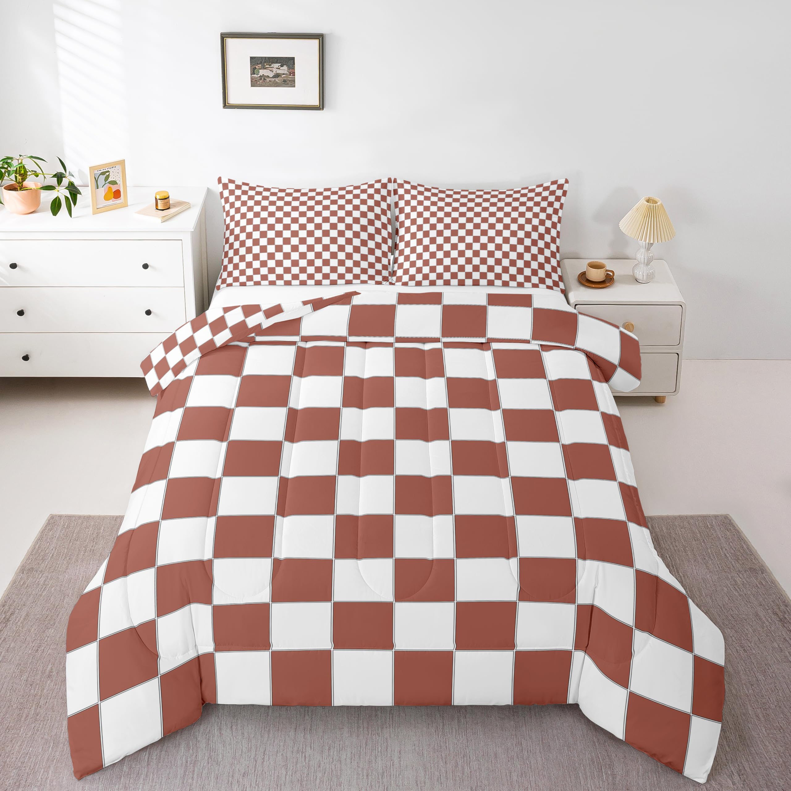 Erosebridal Checkered Quilt Set King White Light Caramel Checkerboard Bedding Set,Buffalo Plaid Grid Comforter Set for Kids Teen Adults Aesthetic Geometric Gingham Bed Set Modern Room Decor