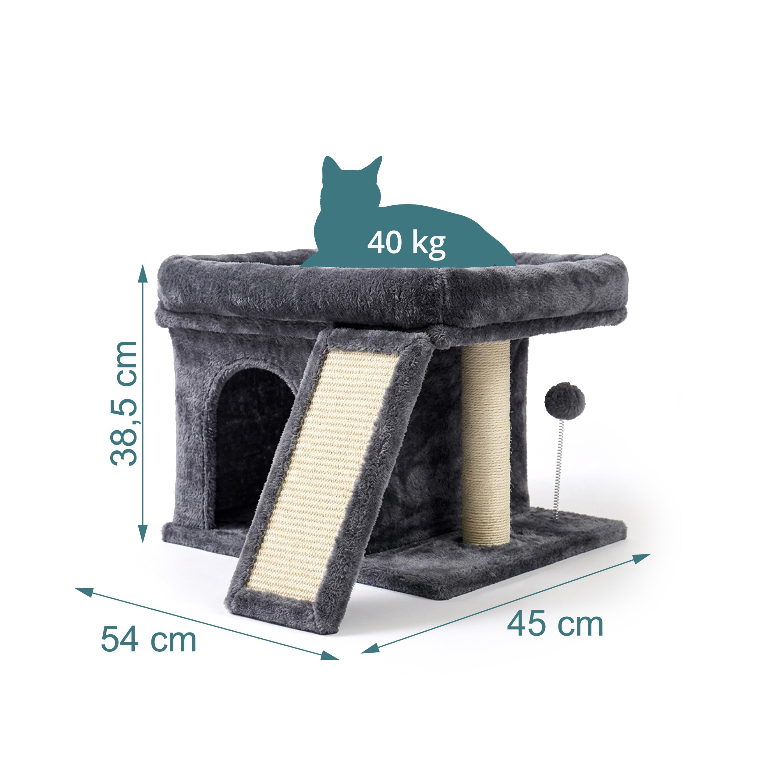 Relaxdays Arbre à Chat avec Niche, griffoir et Plate-Forme, Gris foncé | niche moelleuse pour chat, H x l x P : 38,5 x 54 x 45 cm, sisal