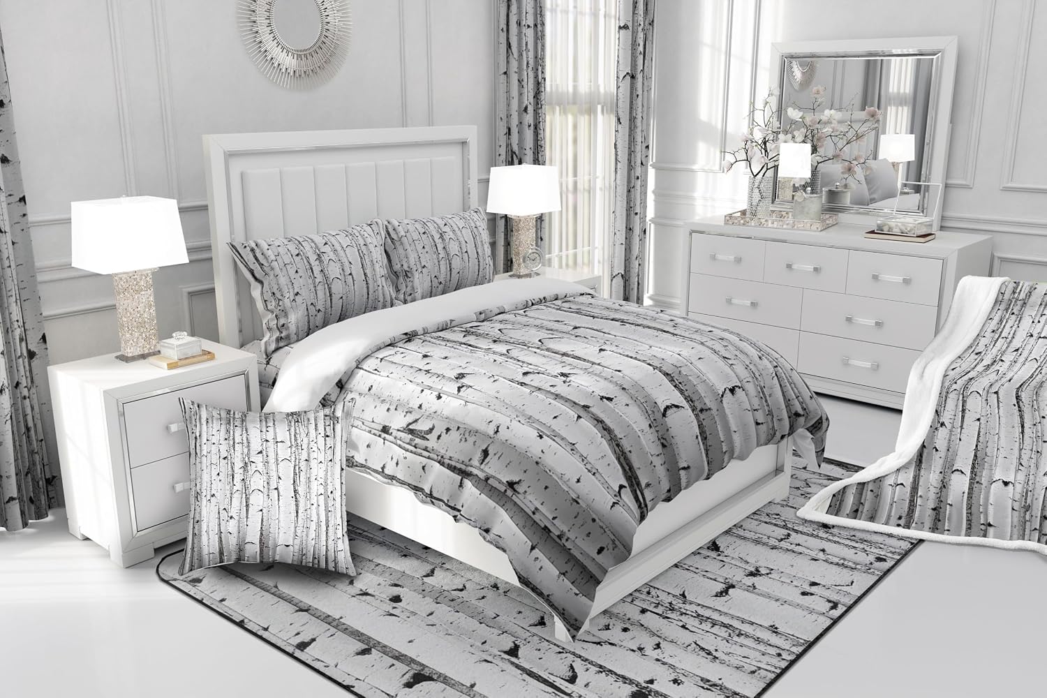 Erosebridal Birch Tree Bedding Set Gary Black Themed Comforter Cover Queen Size,Natural Jungle Botancial Print Bed Cover,Abstract Trunk Pattern Duvet Cover for Kids Boys Bedroom Decor