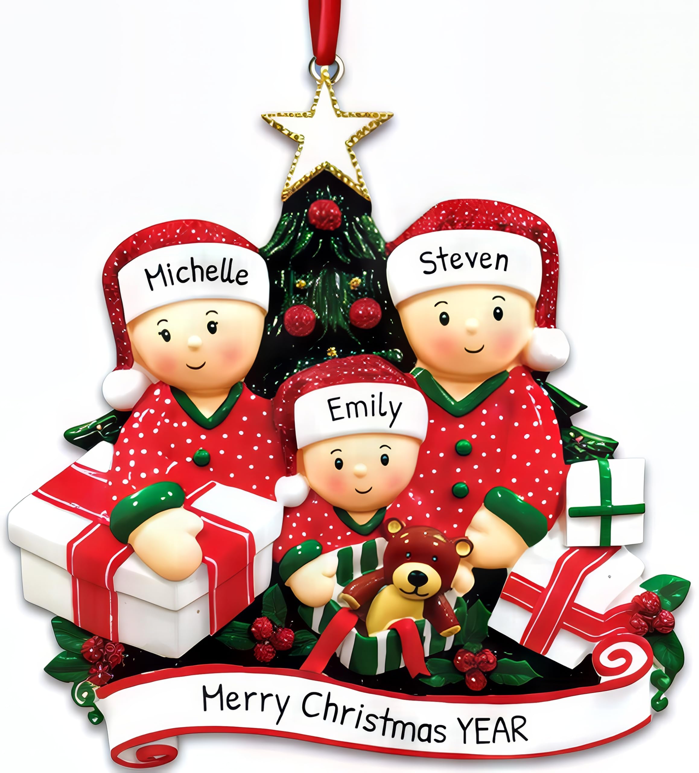 Personalized Family of 3 Christmas Ornament 2025 – Custom Holiday Keepsake with Names and Year – Matching Pajamas Tree Decoration – Christmas Morning Tradition Ornament for Families or Parents
