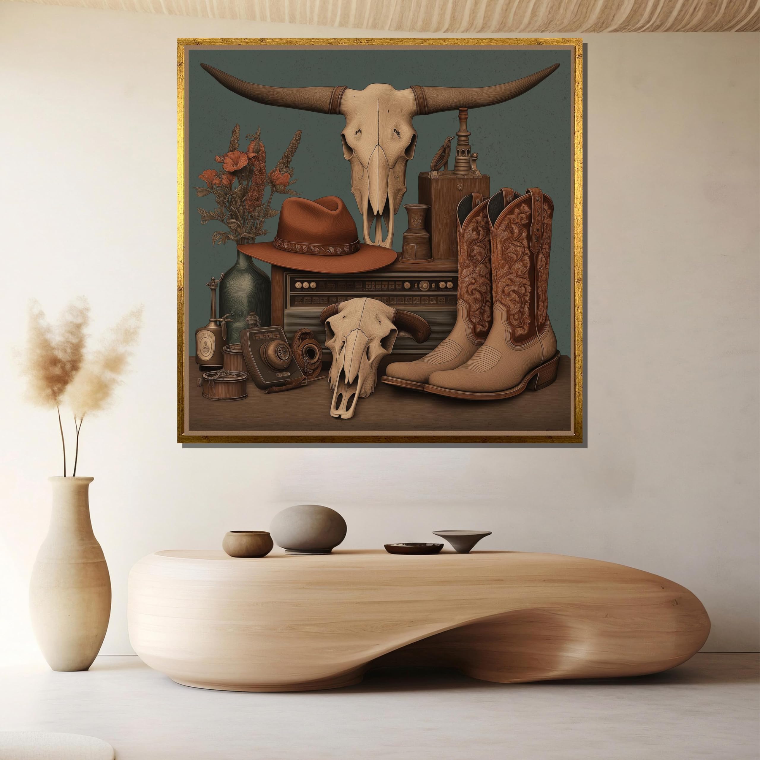 XINBAO Kowbojski zachodni obraz na płótnie - Rustykalna dekoracja rancza - Longhorn buty i kapelusz wydruk na płótnie - wiejska grafika / farmhouse (65 x 65 cm / rama wewnętrzna)