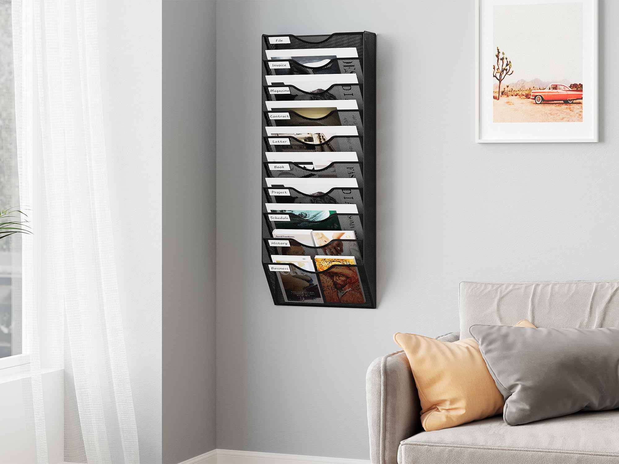 Panier Métal Bureau Porte-documents Mural Maille A4 Noir - Organiseur Bureau 33,5x35cm - Range Courrier, Magazines Porte-documents Noir