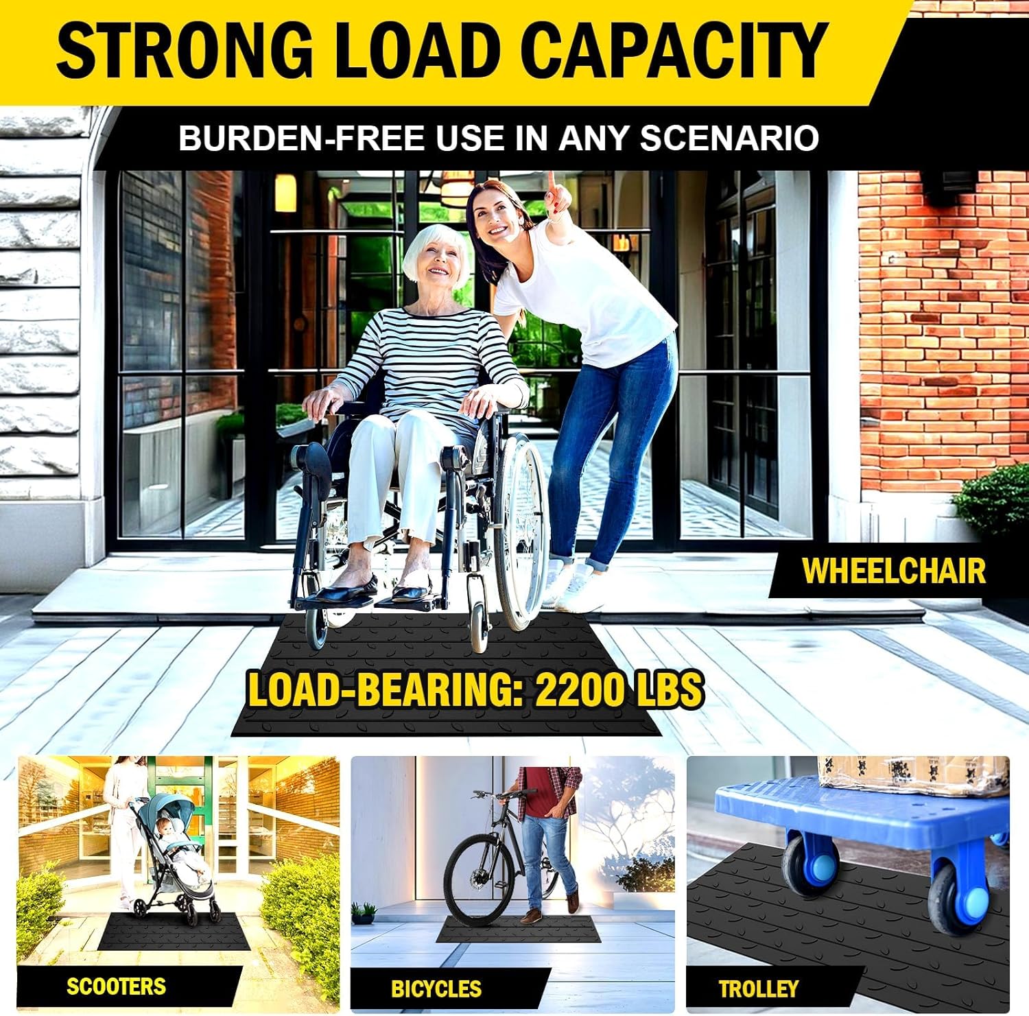 Rubber Wheel Chair Threshold Ramp - Heavy Duty Non-Slip Mobility Ramp for Doorways & Steps, 1"/1.5"/2"/2.5"/3"/3.5"/4" Rise Options (Height - 1 ½ inch)