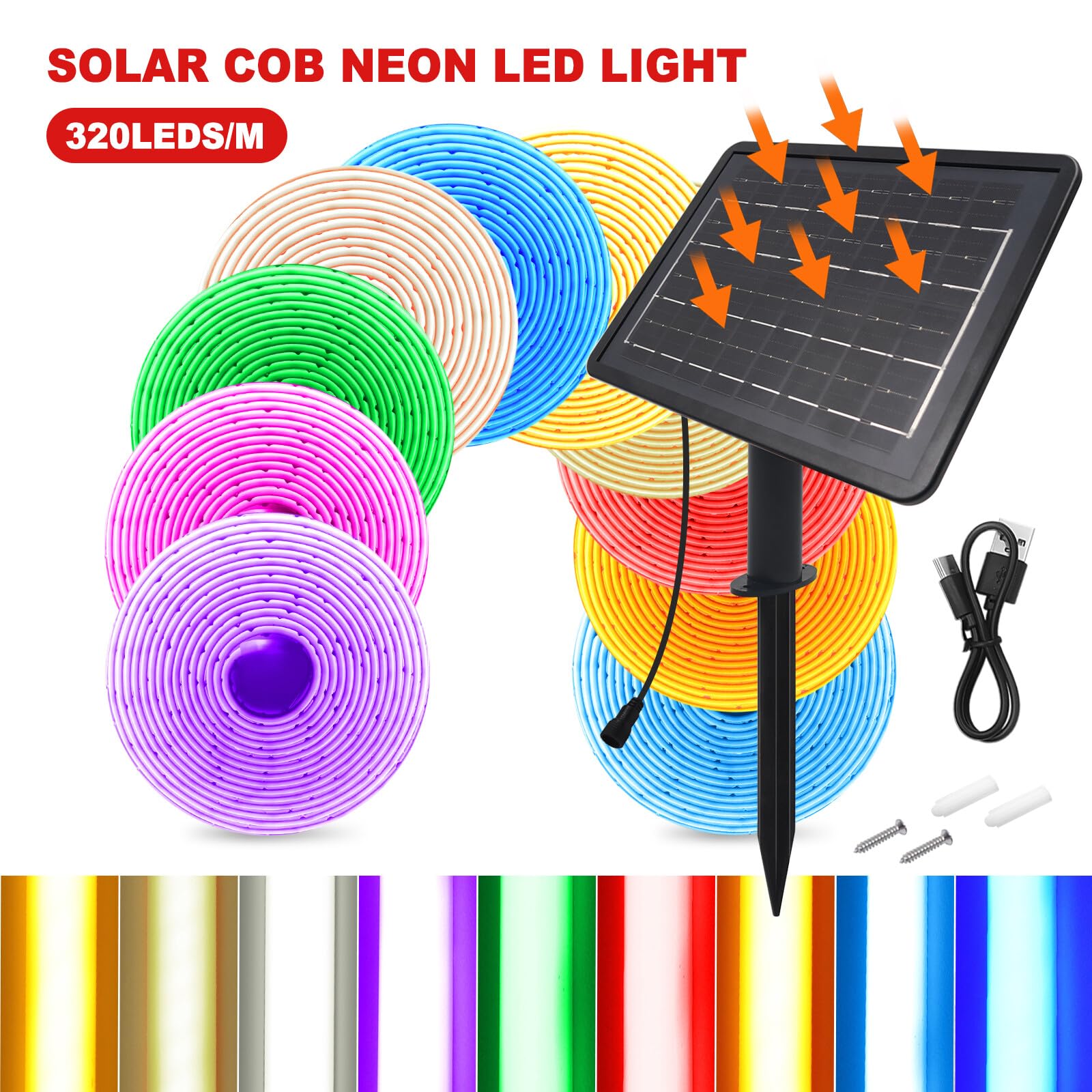 24V COB LED tira de neón [10m, Ice Blue], 2400MAH controlador de panel solar, 8 modos, IP68 a prueba de agua flexible FCOB LED tira de neón para el dormitorio Jardín Pasillo Decoración
