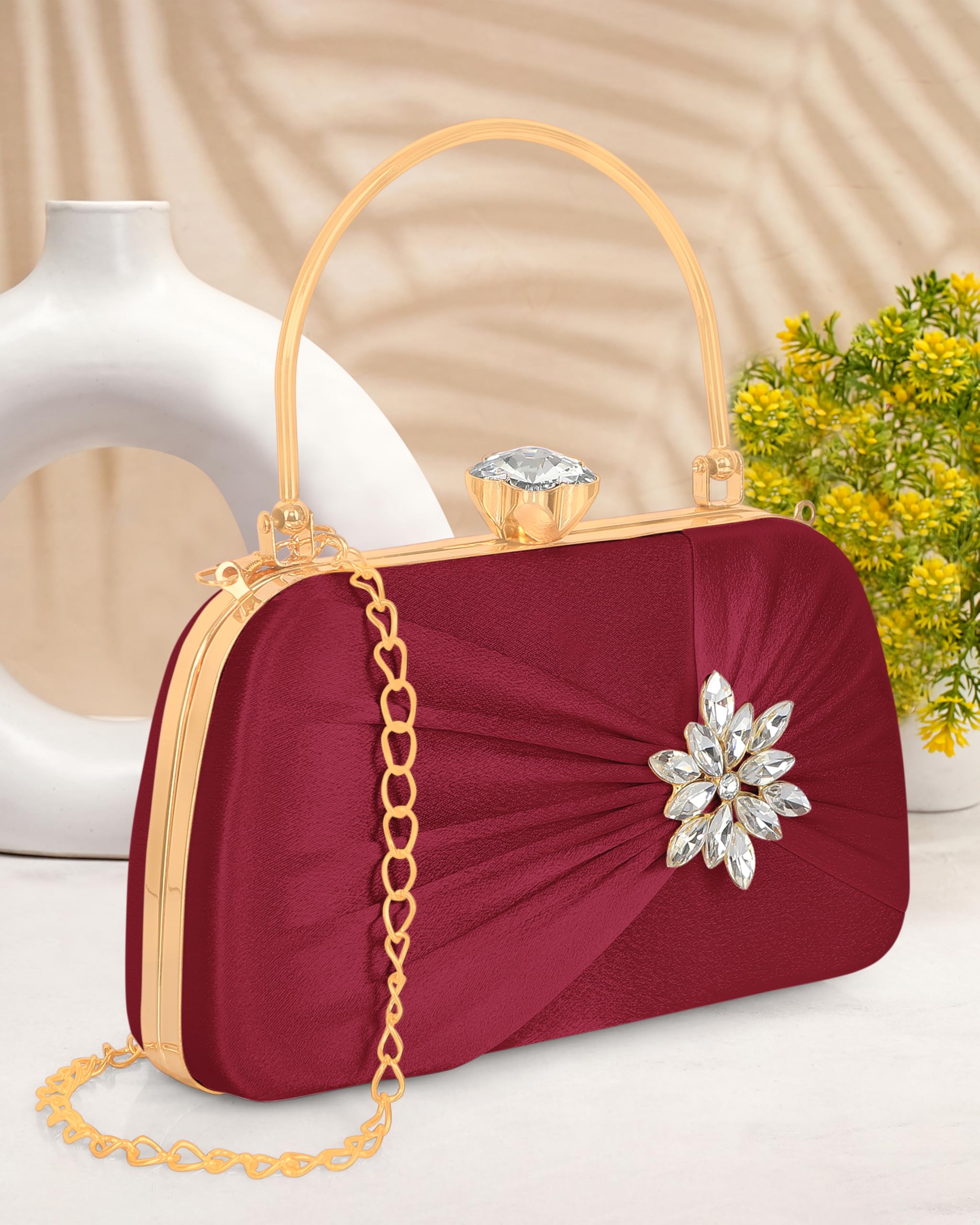 MISHA Radiance Flower Diamond Satin Clutch (MAROON) 4