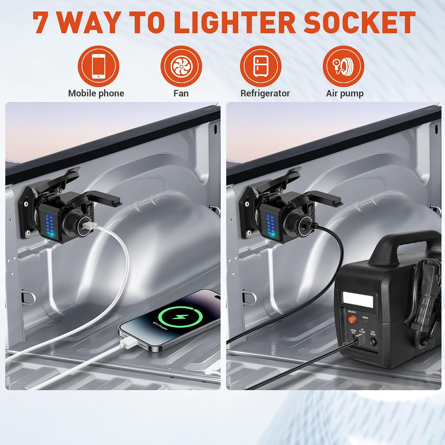 SnowyFox 7 Way Flat Blade Connector to 4/5Way Trailer Adapter, 7 Pin to 12V Cigarette Lighter, LED Circuit Tester, Power Socket Plug Converter for Truck RV Boat