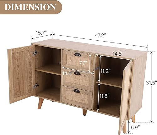 Miniatura 2 de PHI VILLA Armario de ratán - Aparador buffet de acento con puertas y cajones, mesa consola de ratán