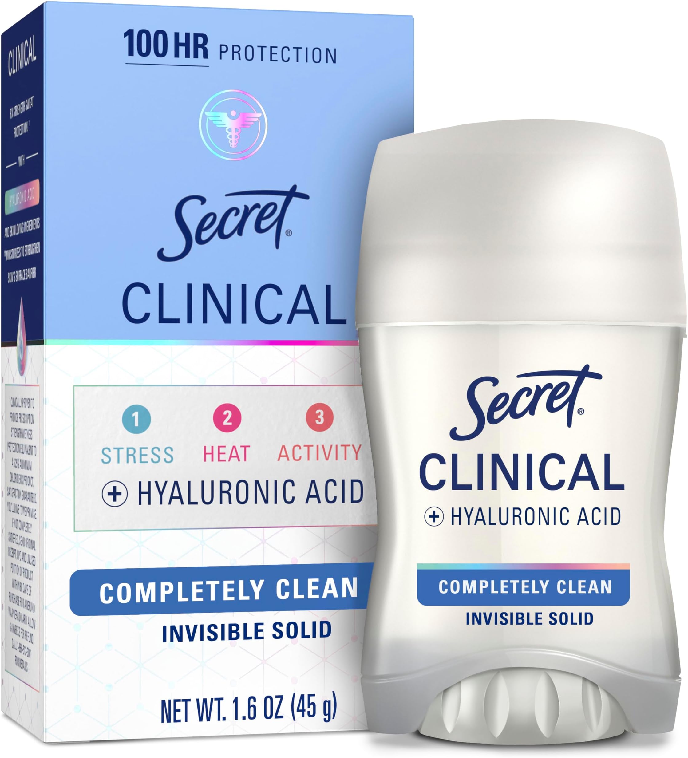Secret Clinical Strength Antiperspirant and Deodorant for Women, 3X Stress Sweat Protection, PH Balancing Minerals, Invisible Solid, Completely Clean Scent, 1.6 oz