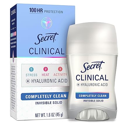 Secret Clinical Strength Antiperspirant Deodorant for Women, 100hr Sweat & Odor Protection, 3X Stress Protection with Hyaluronic Acid, PH Balancing, Invisible Solid, Completely Clean Scent, 1.6 oz