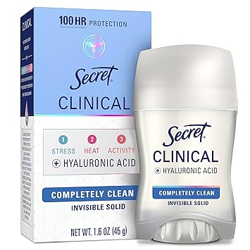 Secret Clinical Strength Antiperspirant Deodorant for Women, 100hr Sweat & Odor Protection, 3X Stress Protection with Hyaluronic Acid, PH Balancing, Invisible Solid, Completely Clean Scent, 1.6 oz
