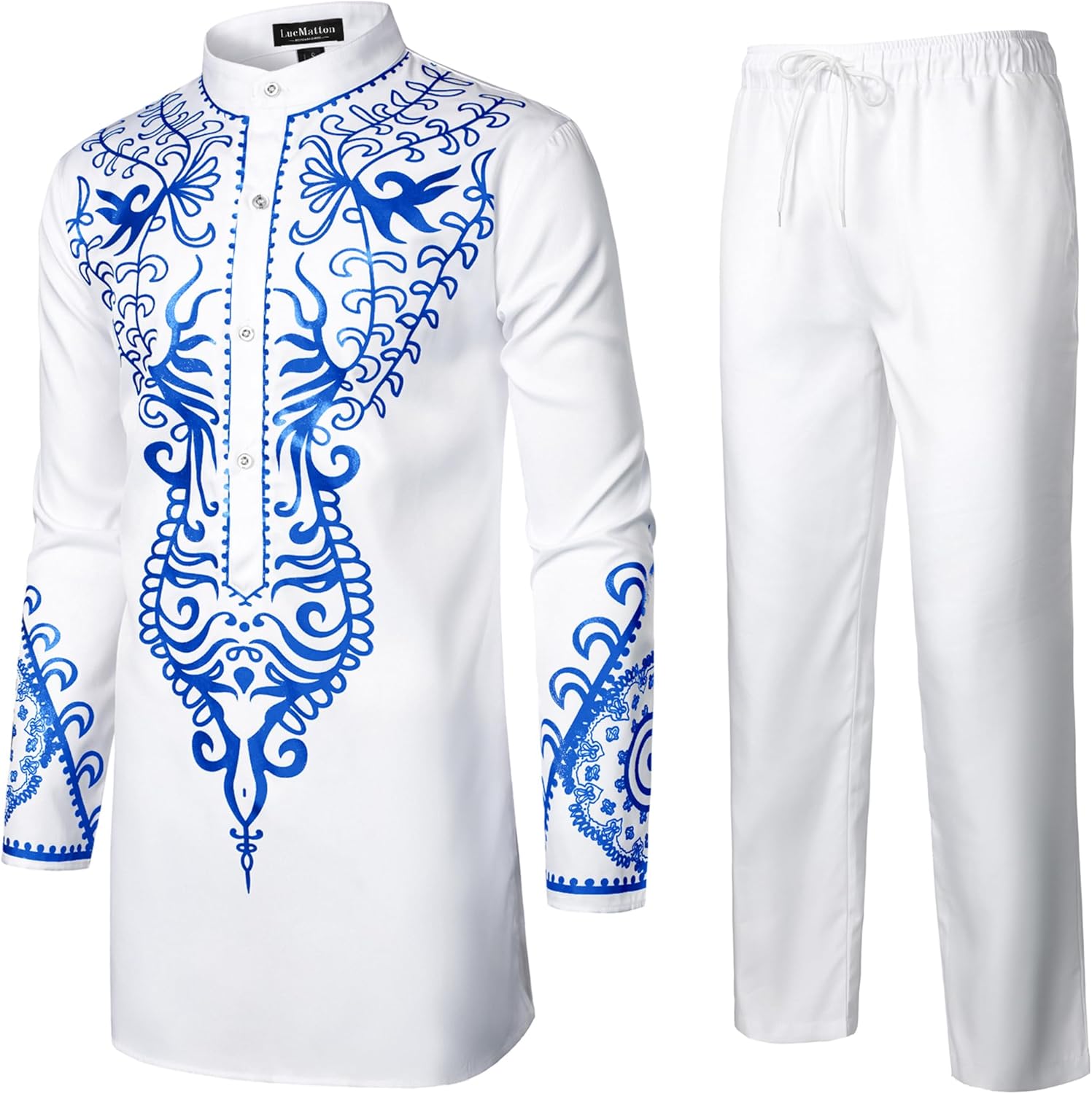 LucMatton Men's African Attire 2 Piece Set Gold Foil Print Mandarin Collar Long Sleeve Shirt and Pants Suit Dashiki Outfit - Image 2