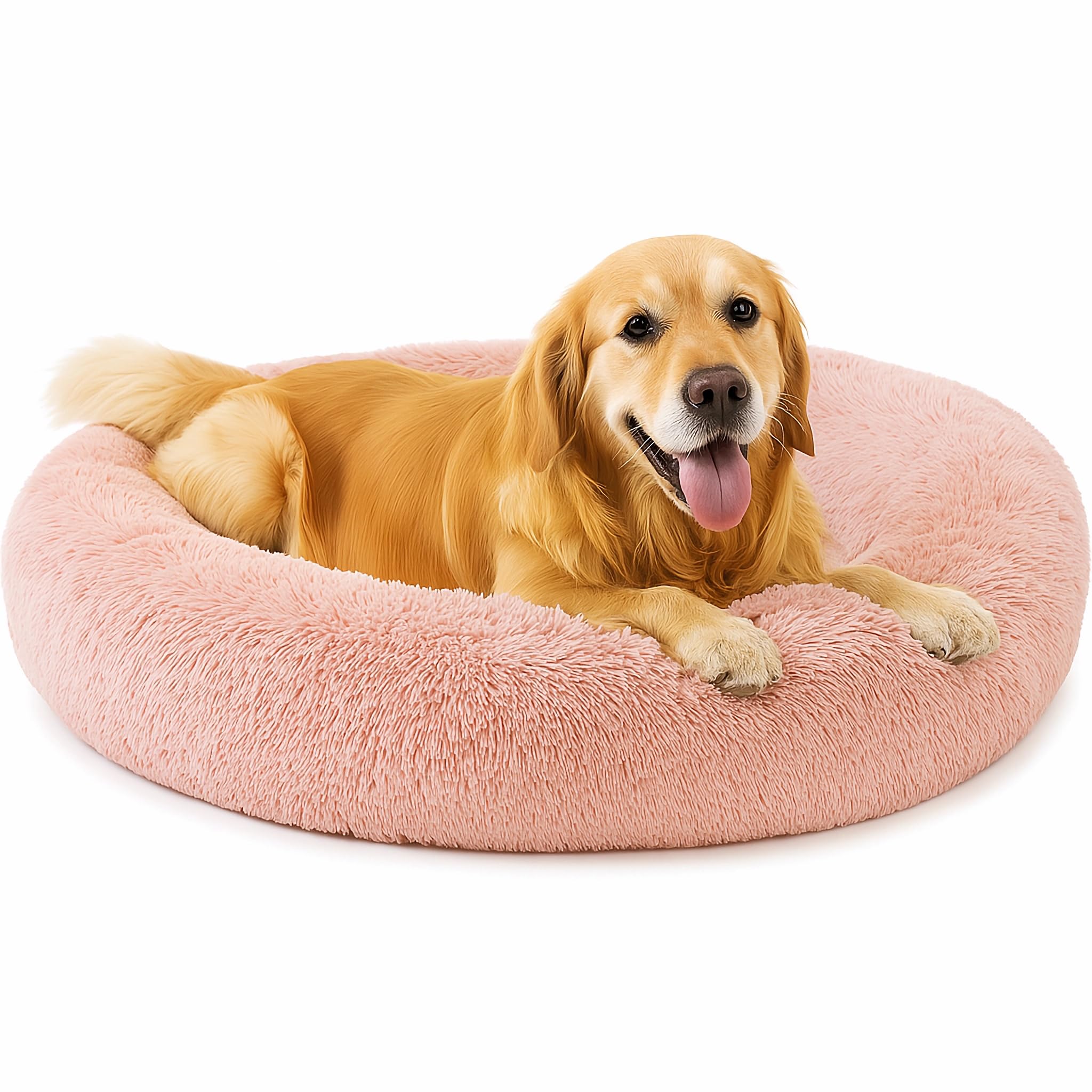 SEOUGEE Calming Donut Dog Bed, Fluffy Plush Round Cat Bed, Cosy Soft Washable Cushion Self-Warming Pet Beds Non-Slip Bottom, Indoor Sleeping Cuddler Nest for Medium Large Dogs (Dusty Pink 100cm)