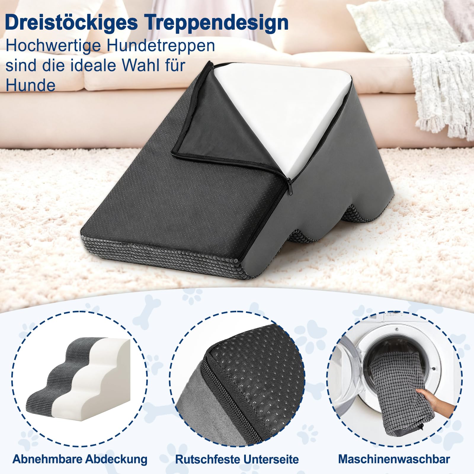Hundetreppe für Kleine Hunde 40 cm Hoch, 3 Stufen Haustiertreppe für Bett und Sofa, Hunde Treppe Hunderampe mit Waschbarem Bezug und Rutschfestem Boden, Hochdichtem Schwamm 57x40x40cm, Grau