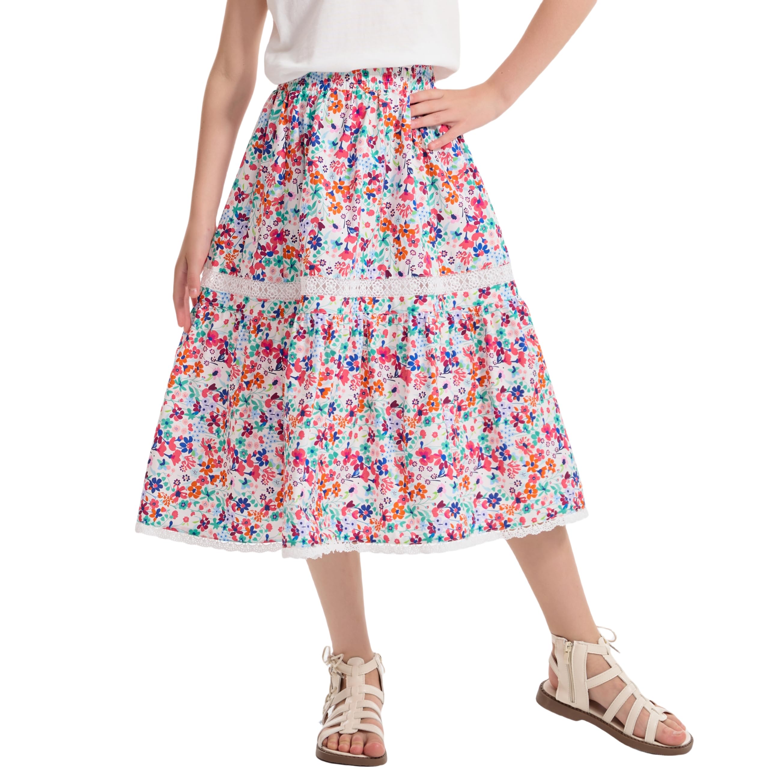 Rolanko Gonna lunga da ragazza con stampa floreale, a vita alta, stile boho, maxi gonna con bordo in pizzo