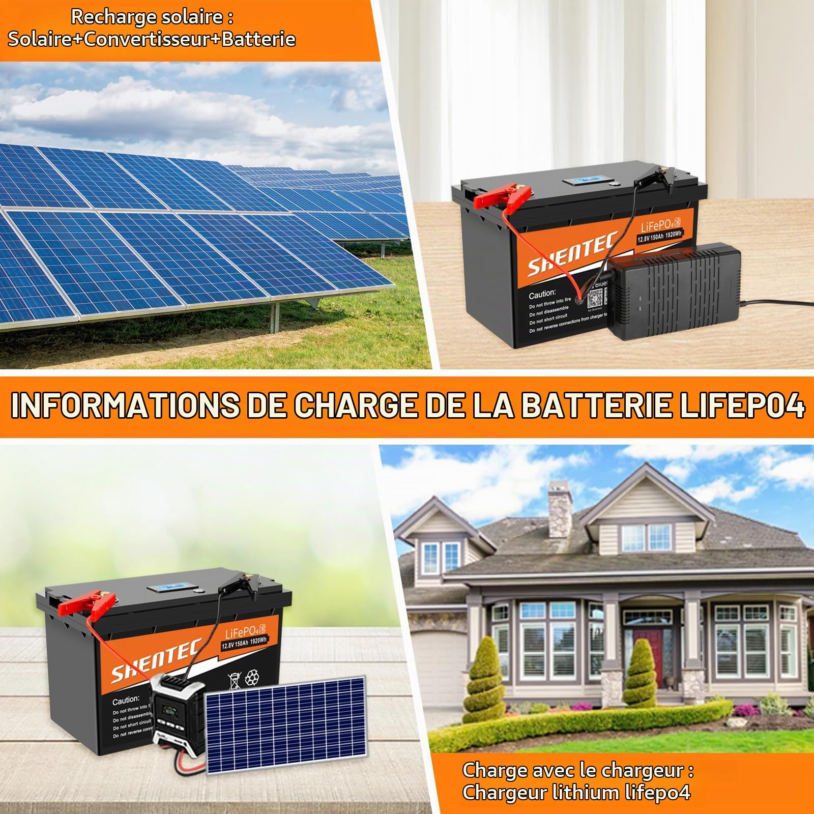 Batterie au lithium LiFePO4 150Ah 12V intégrée 150A,fonction BMS Bluetooth,Max.15000 cycles profonds et 1920W de puissance de sortie,durée de vie de 10 ans,parfait pour camping-car
