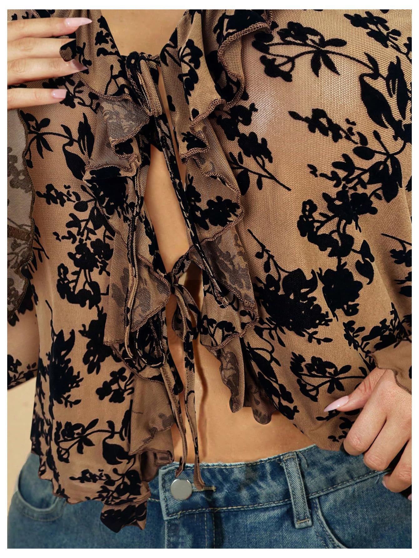 WDIRARA Women's Plus Size Floral Lace Sheer T Shirt Tie Front Long Bell Sleeve Tee Going Out Tops: 4X-Large Plus Brown