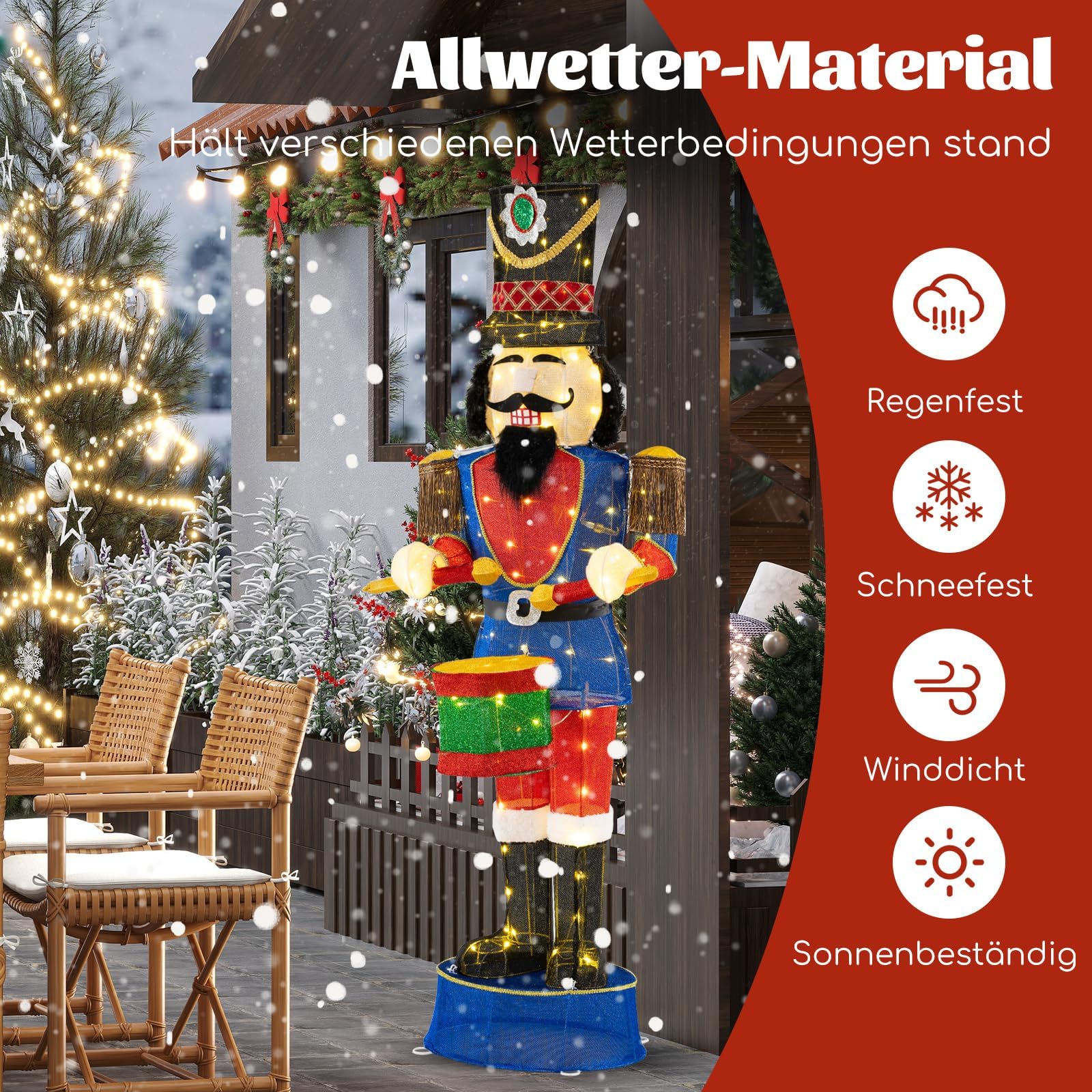 COSTWAY Weihnachten Nussknacker Figur groß, 185 cm beleuchtete Weihnachtsdeko XXL, Weihnachtsfigur mit Trommel & 100 LED-Lichtern, Weihnachtsdekoration, Weihnachtsbeleuchtung für außen und innen