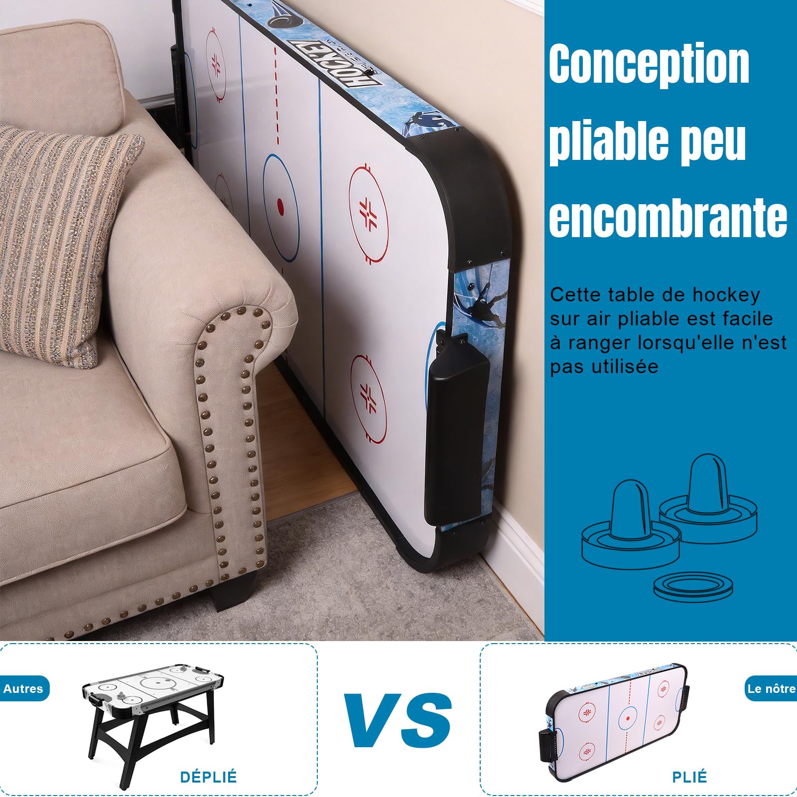hotsizz Mesa de Air Hockey aéreo Plegable, Incluye Dos Palos y Dos Discos, Ideal para Adultos y niños.