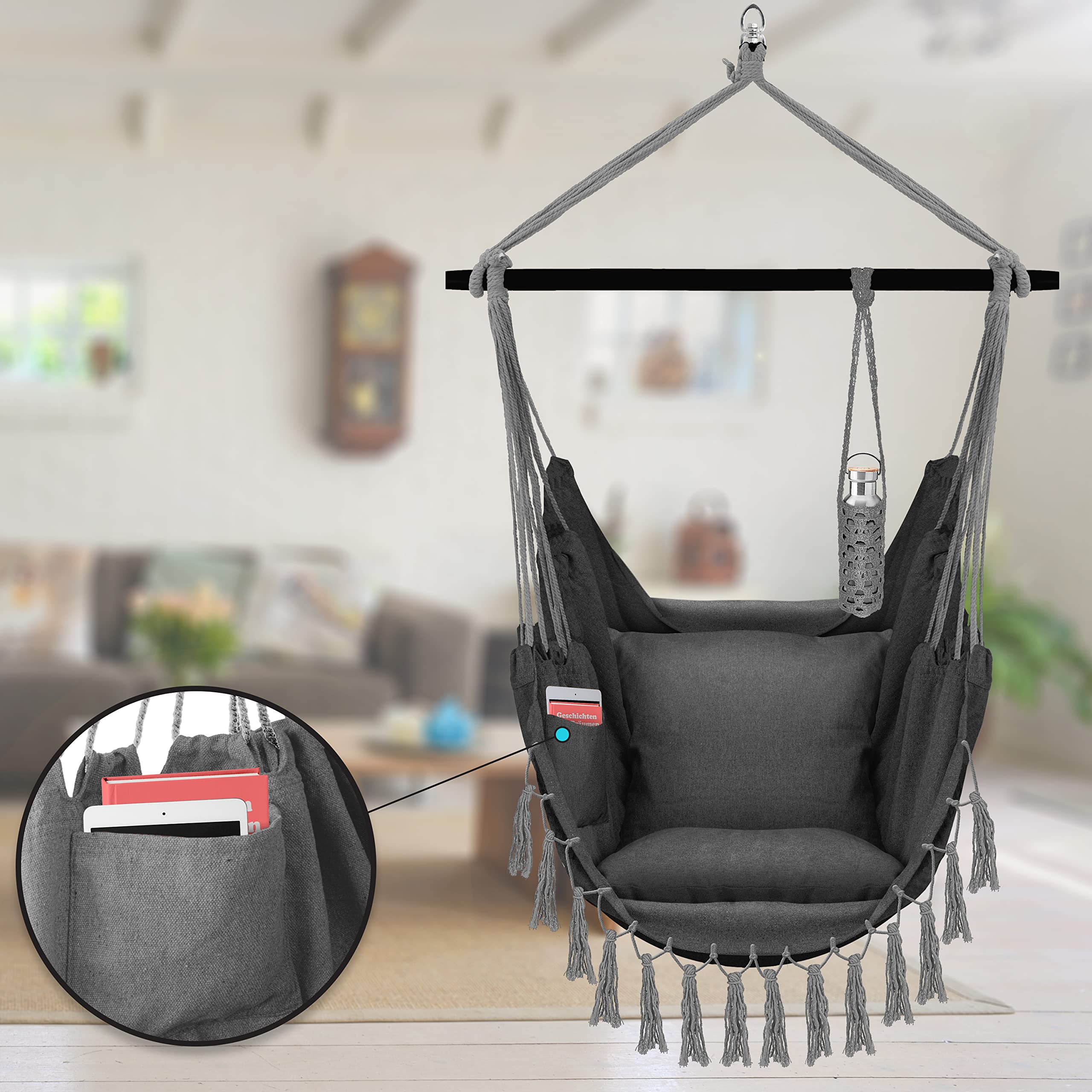 KESSER® Fauteuil Suspendu avec 2 Coussins, Porte-gobelet et Rangement pour Livres | Fauteuil Suspendu Safari XXL pour Adultes et Enfants | Hamac d'une Charge Maximum de 150 kg | Anthracite
